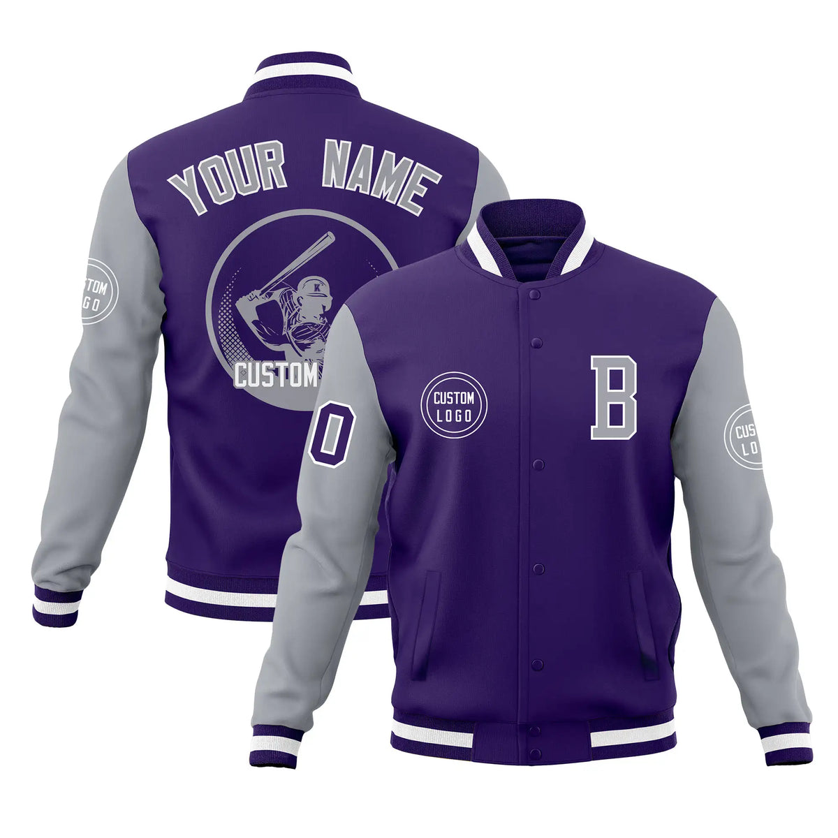 Custom Purple Gray Bomber Full-Snap Varsity Letterman Two Tone Jacket