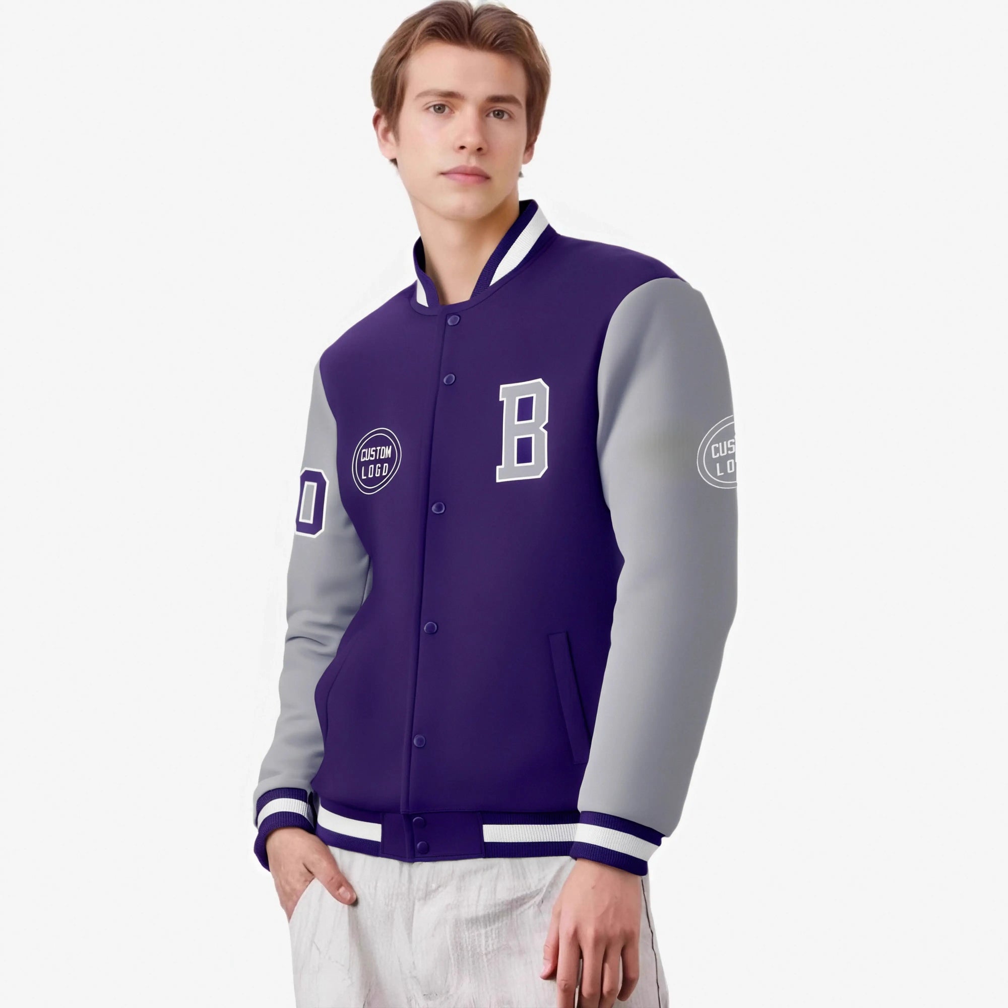 Custom Purple Gray Bomber Full-Snap Varsity Letterman Two Tone Jacket