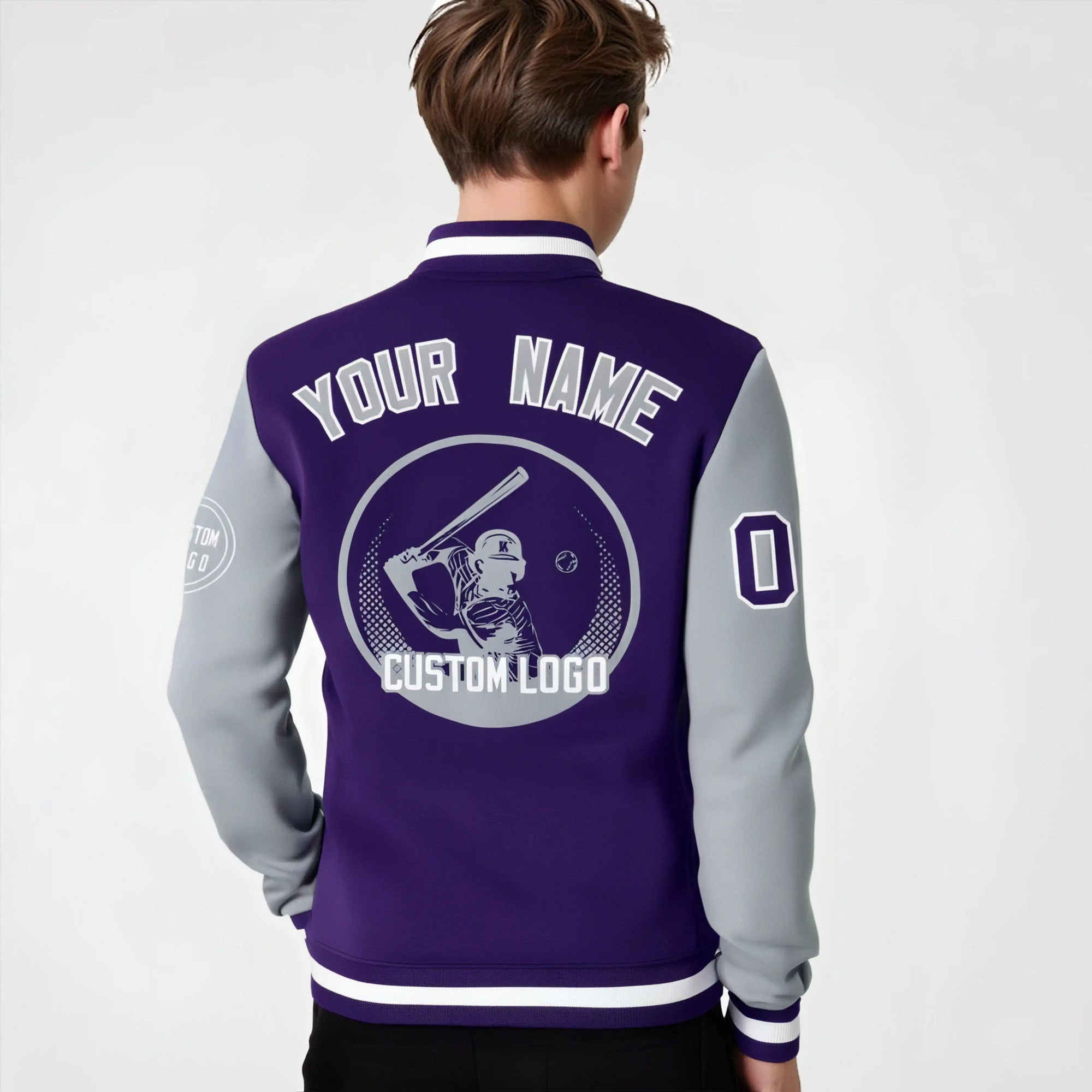 Custom Purple Gray Bomber Full-Snap Varsity Letterman Two Tone Jacket