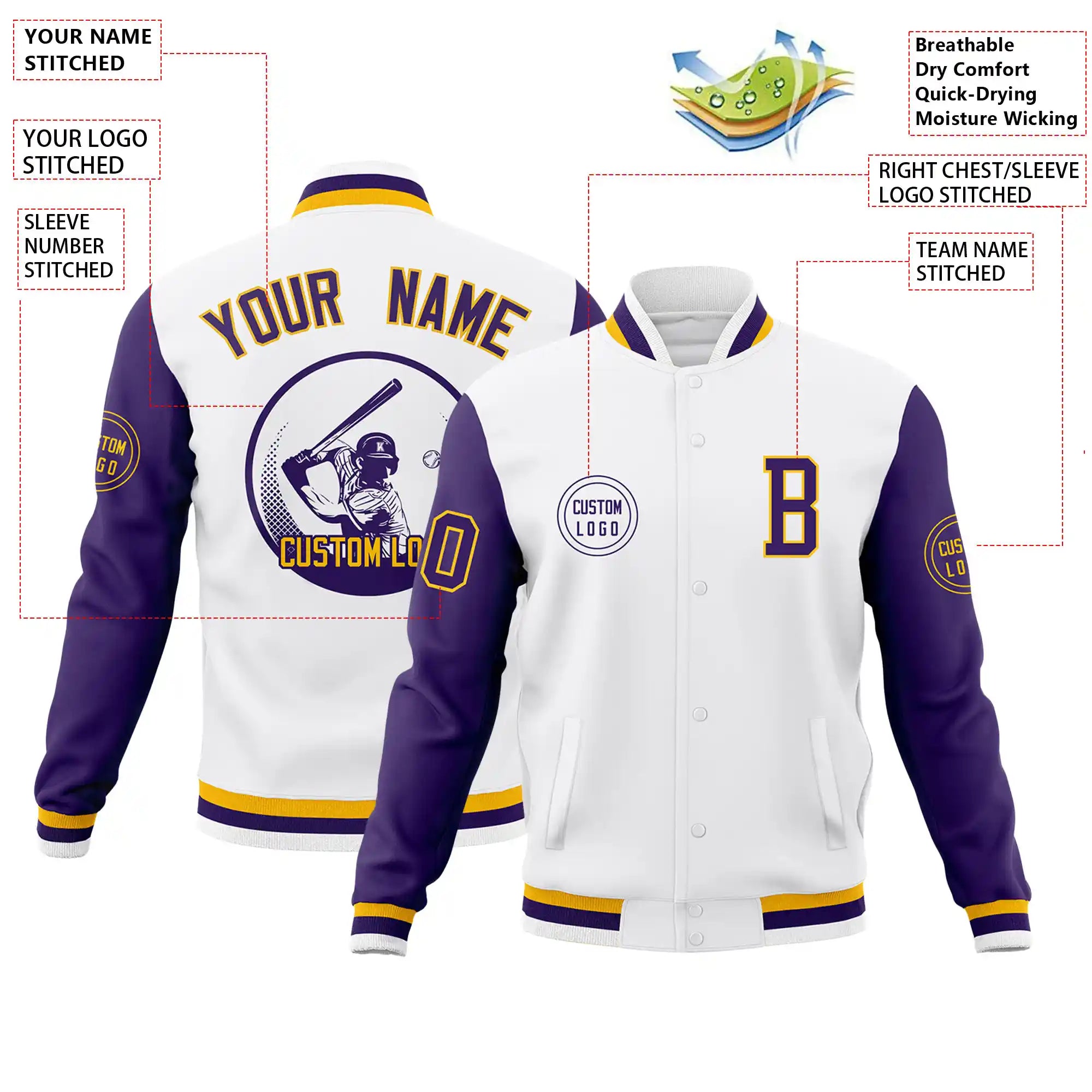 Custom White Purple Bomber Full-Snap Varsity Letterman Two Tone Jacket