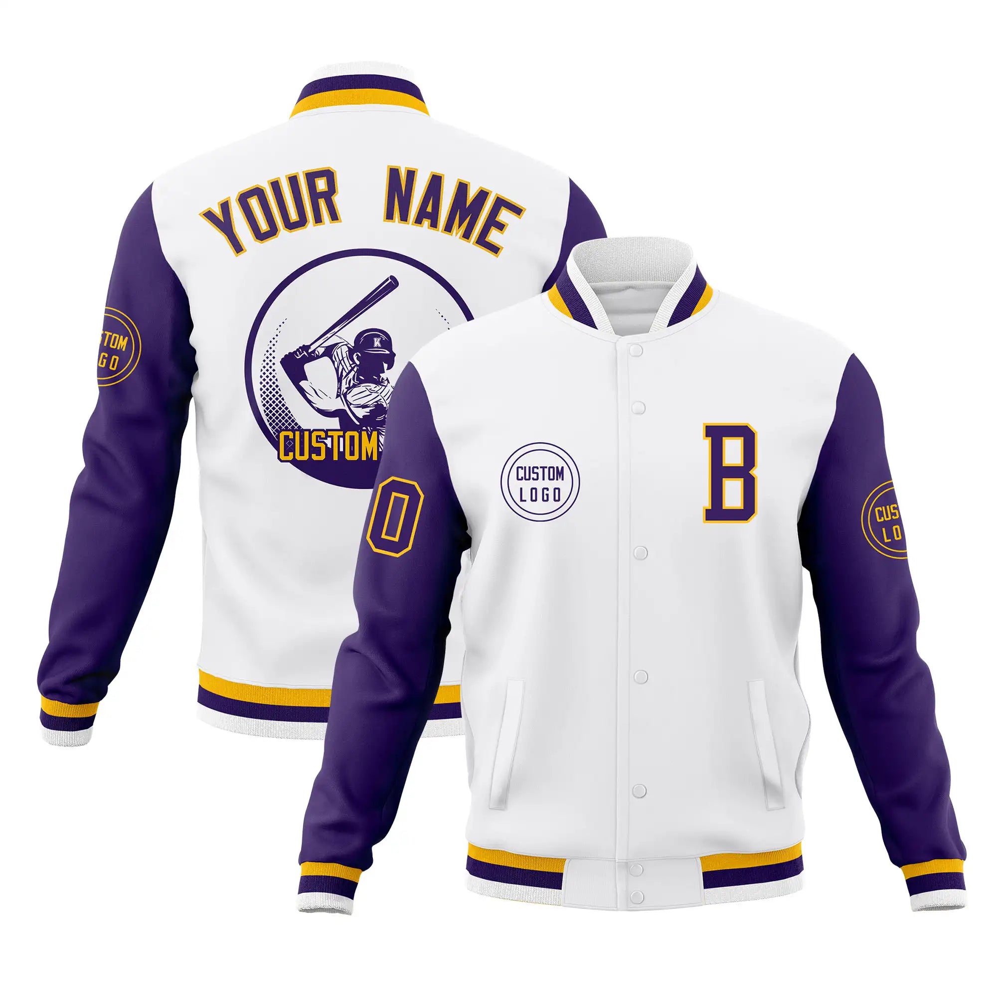 Custom White Purple Bomber Full-Snap Varsity Letterman Two Tone Jacket