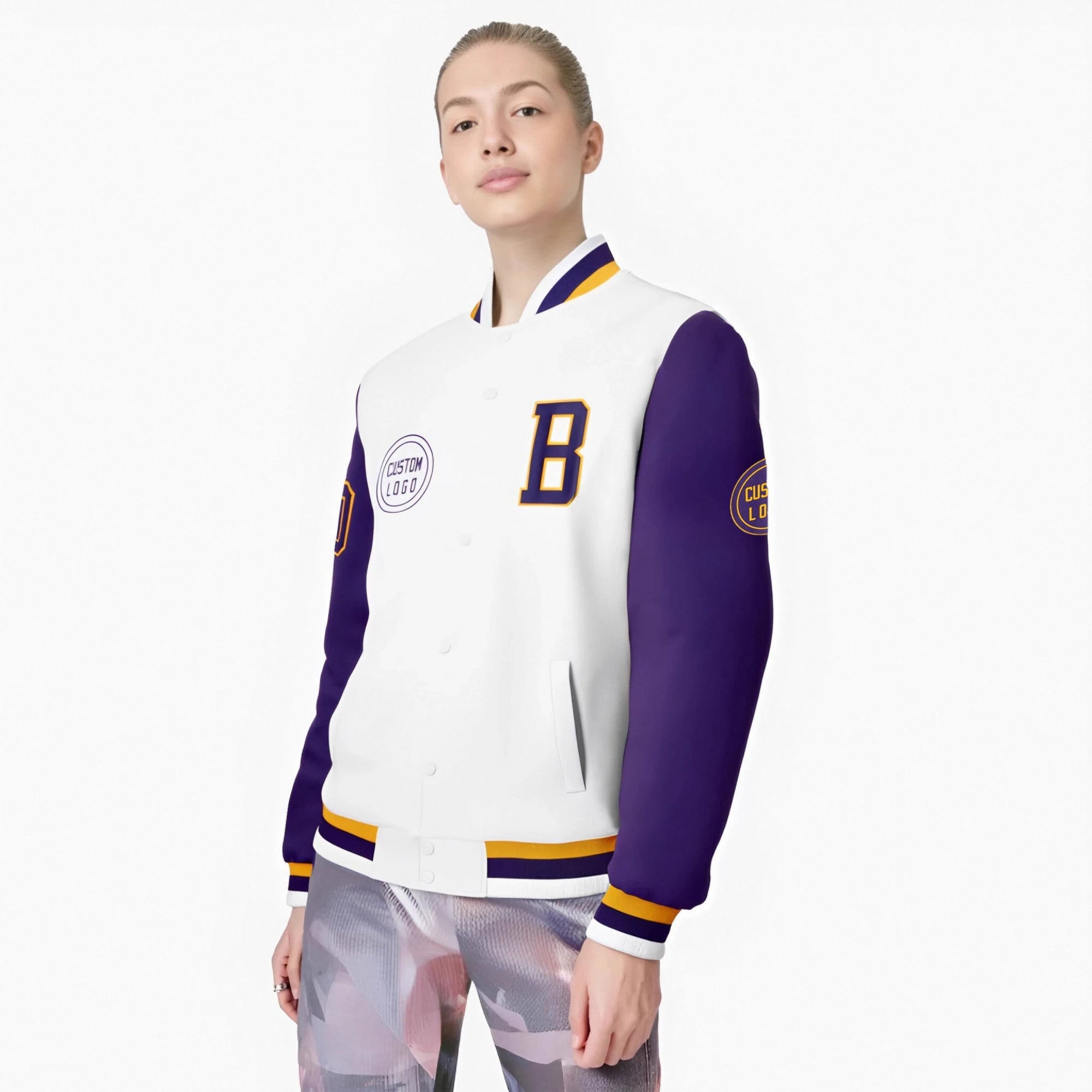 Custom White Purple Bomber Full-Snap Varsity Letterman Two Tone Jacket