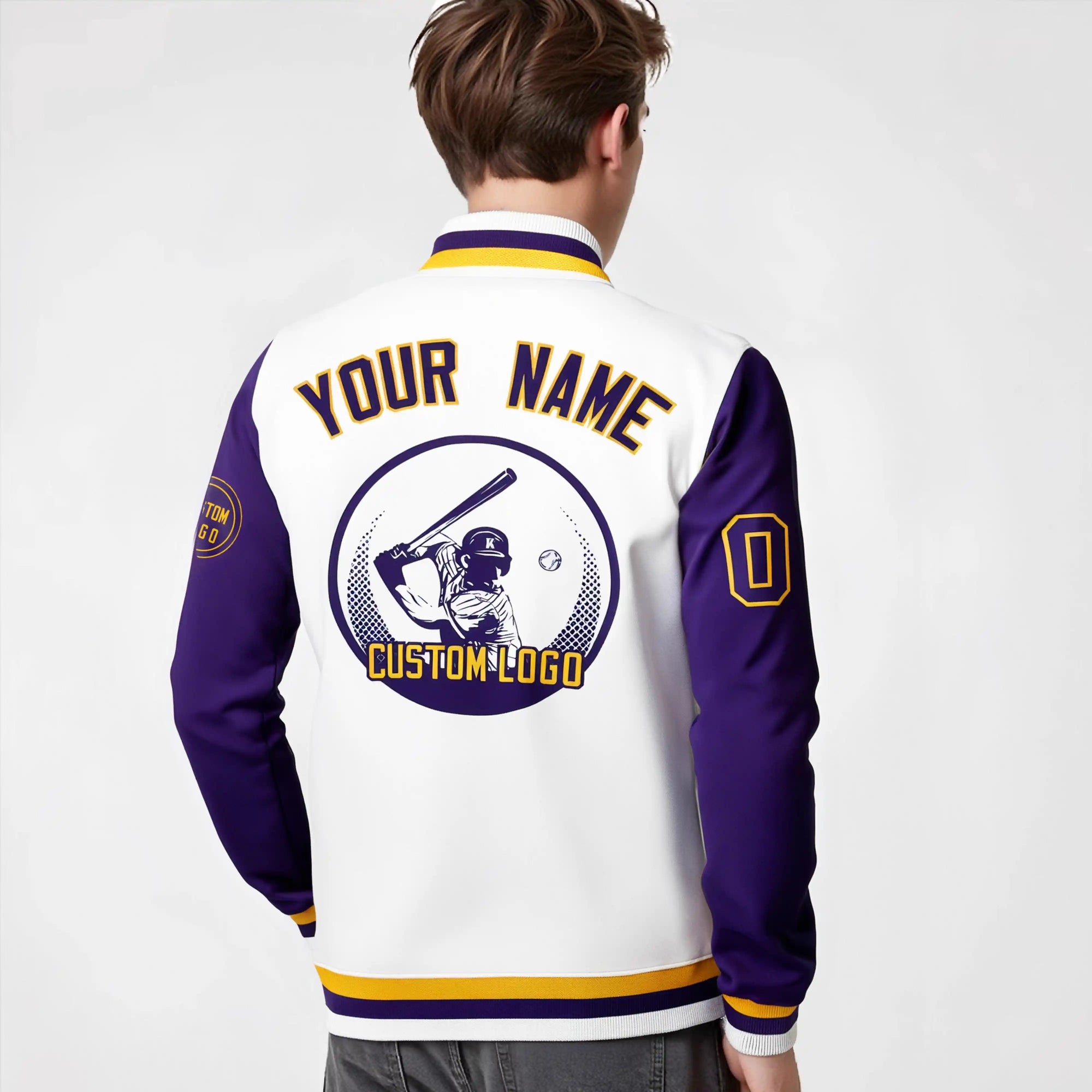 Custom White Purple Bomber Full-Snap Varsity Letterman Two Tone Jacket