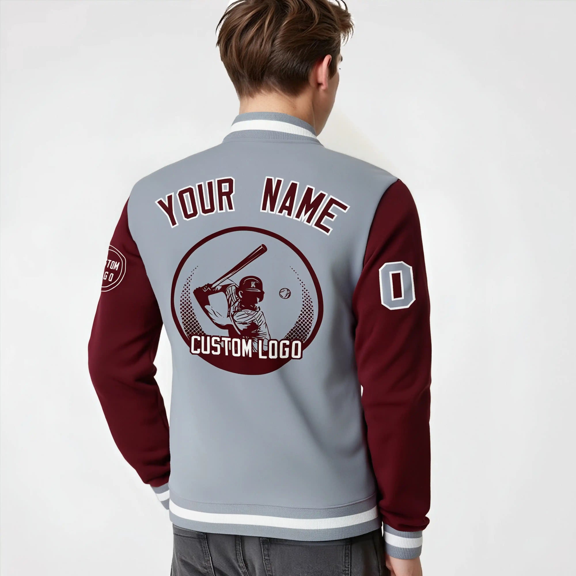 Custom Gray Crimson Bomber Full-Snap Varsity Letterman Two Tone Jacket