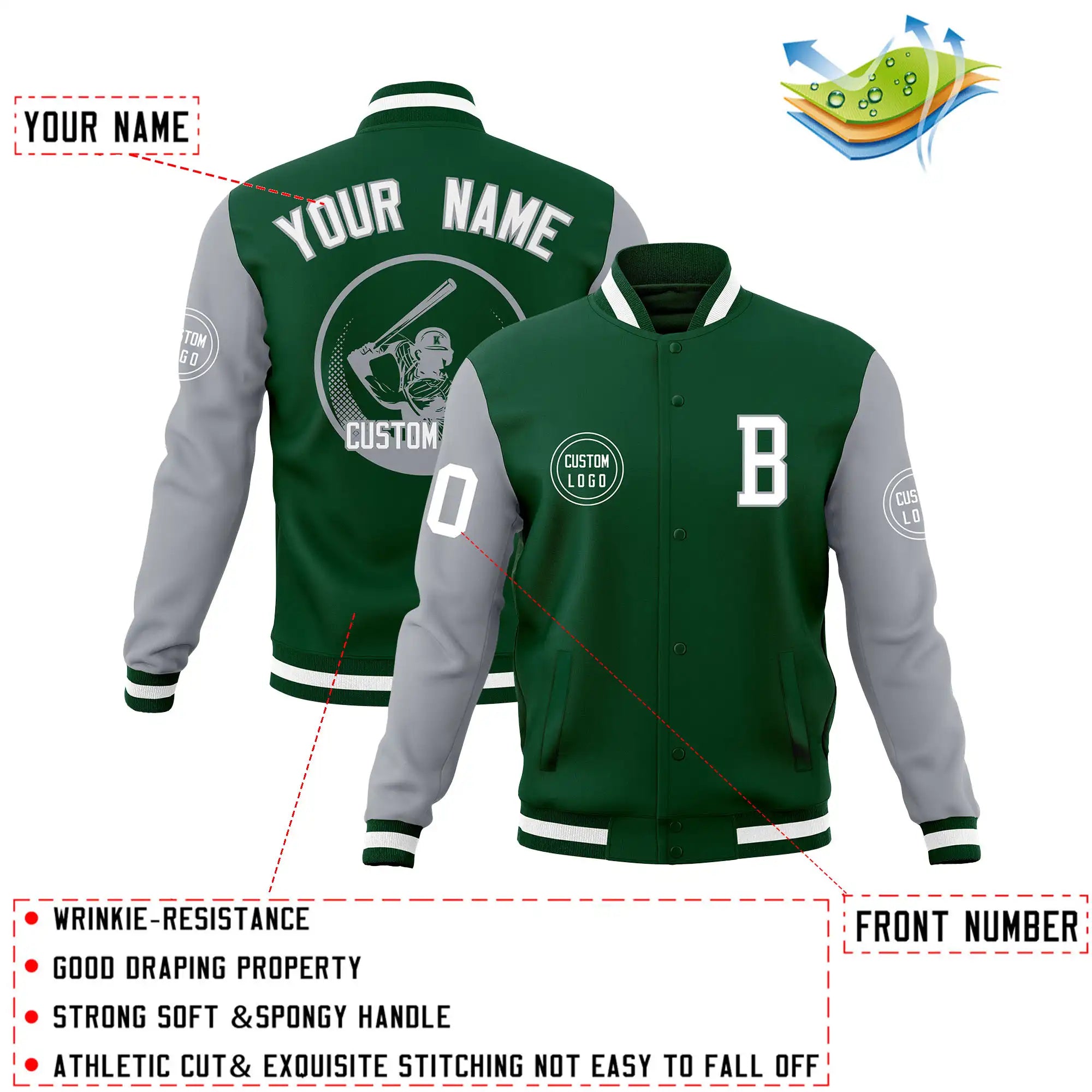 Custom Green Gray Bomber Full-Snap Varsity Letterman Two Tone Jacket