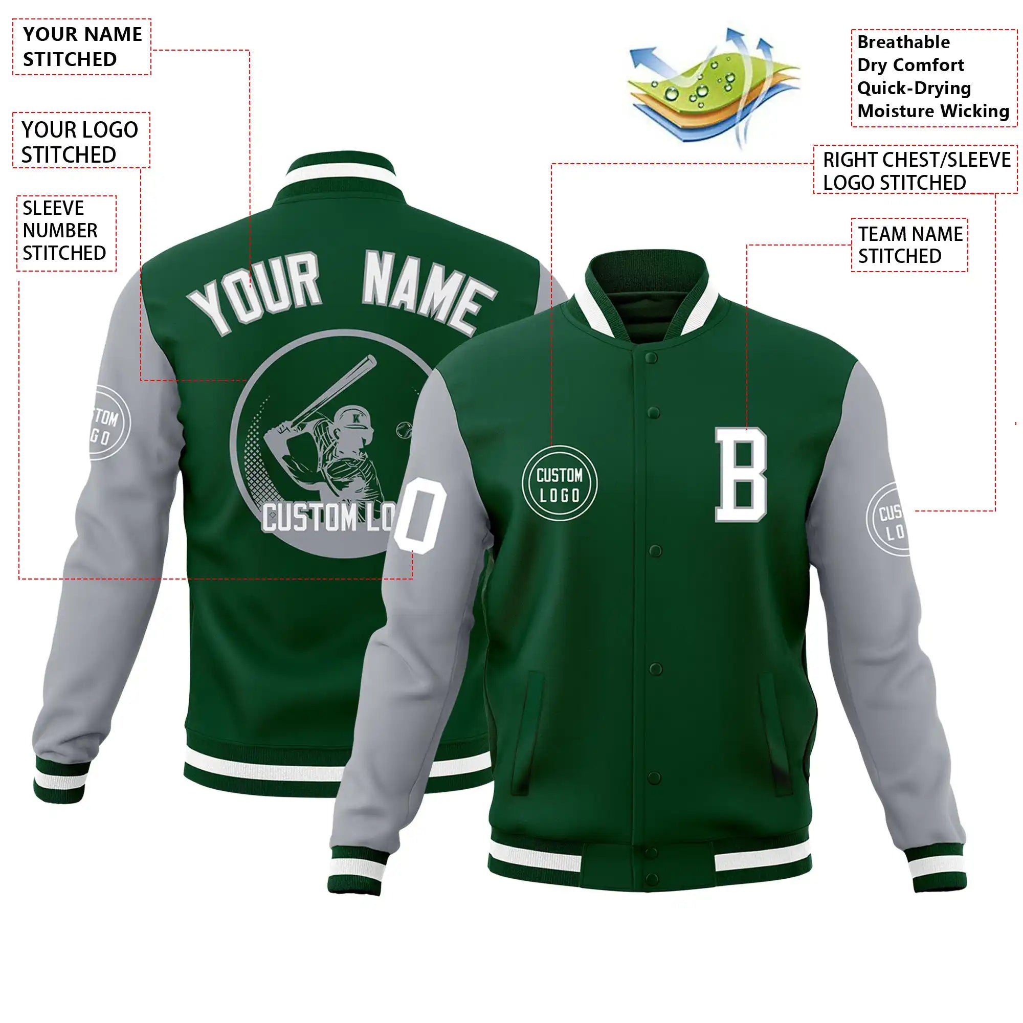 Custom Green Gray Bomber Full-Snap Varsity Letterman Two Tone Jacket