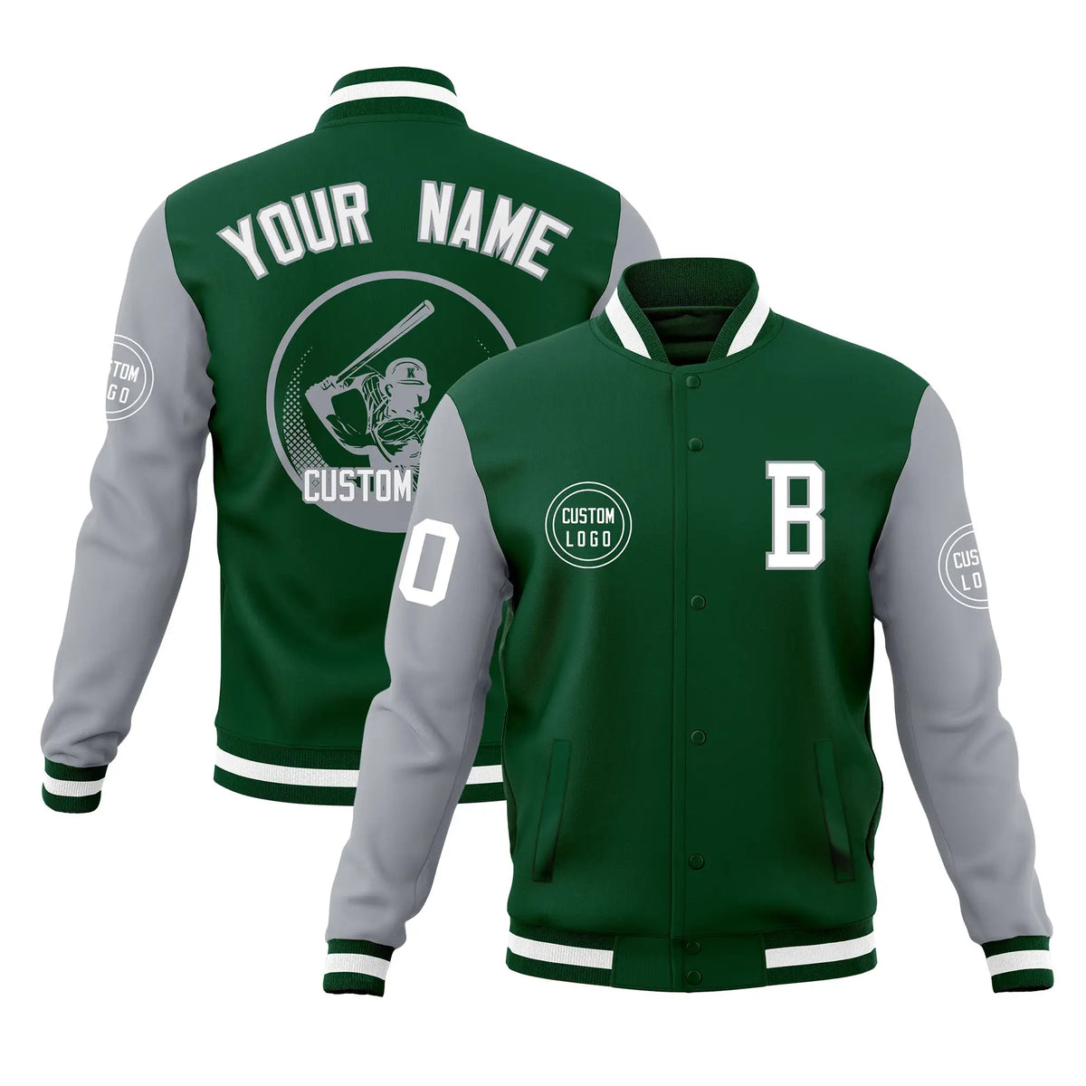 Custom Green Gray Bomber Full-Snap Varsity Letterman Two Tone Jacket