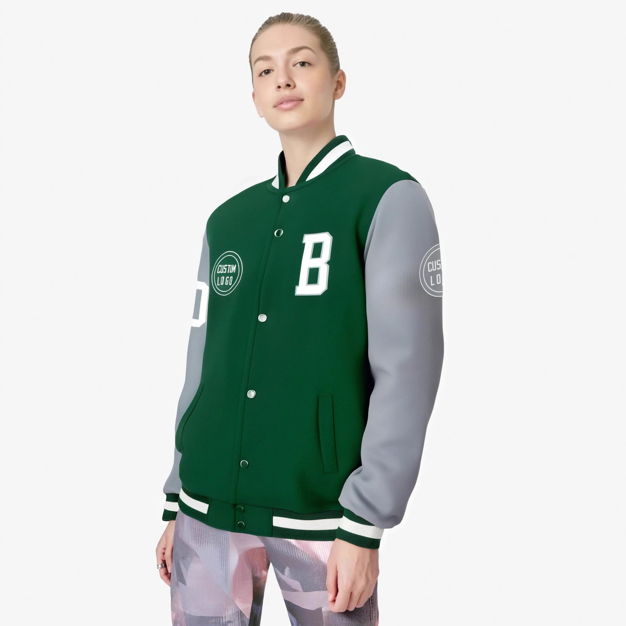 Custom Green Gray Bomber Full-Snap Varsity Letterman Two Tone Jacket