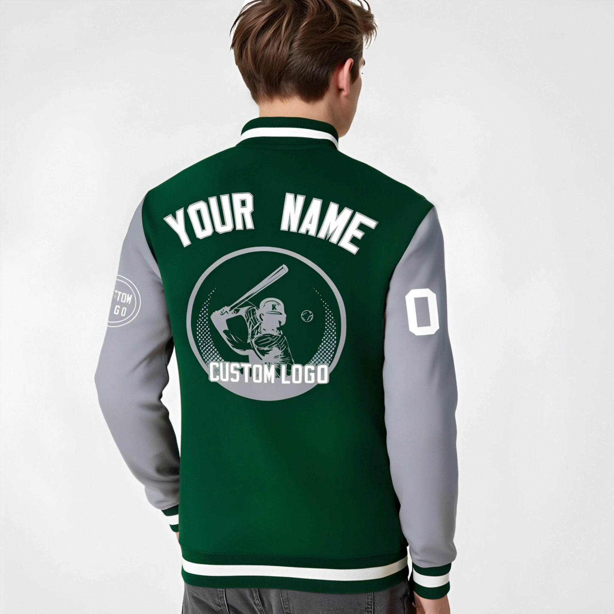 Custom Green Gray Bomber Full-Snap Varsity Letterman Two Tone Jacket