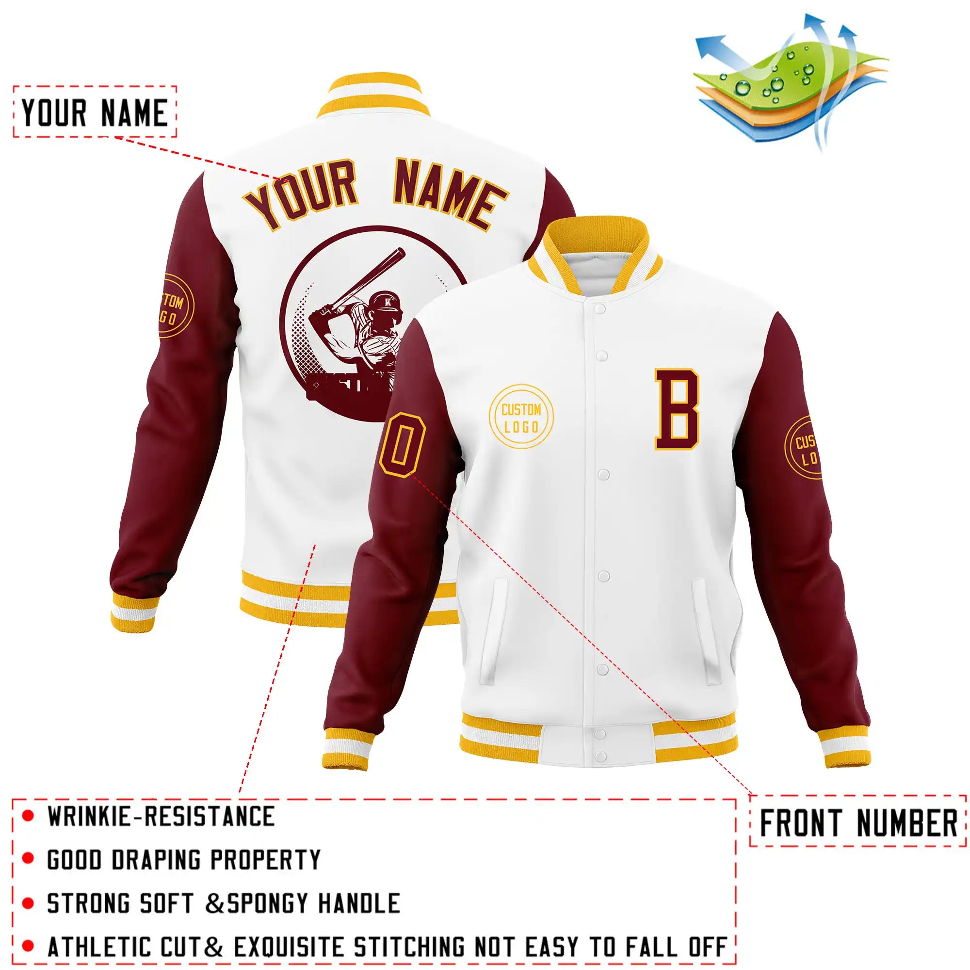 Custom White Crimson Bomber Full-Snap Varsity Letterman Two Tone Jacket