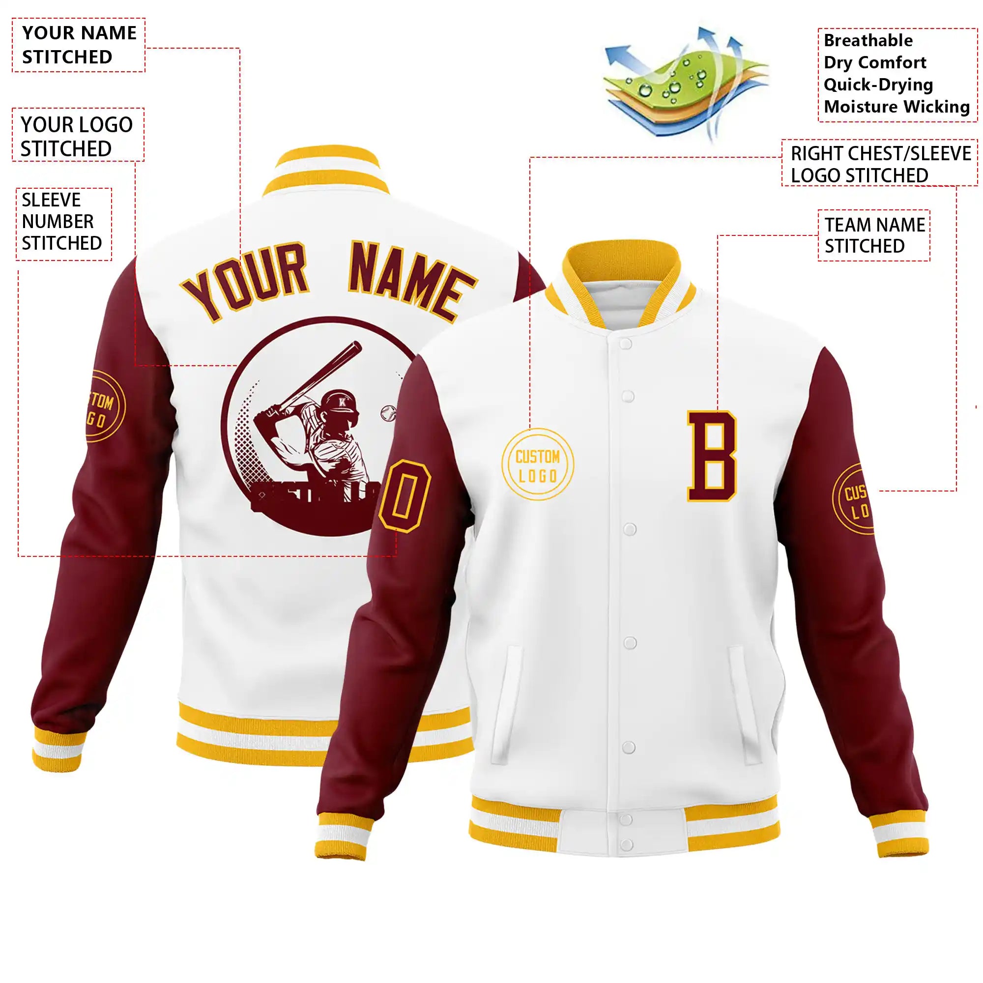 Custom White Crimson Bomber Full-Snap Varsity Letterman Two Tone Jacket