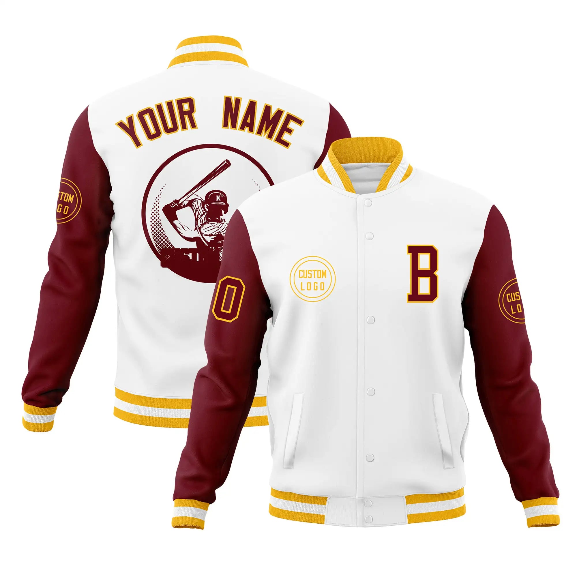 Custom White Crimson Bomber Full-Snap Varsity Letterman Two Tone Jacket