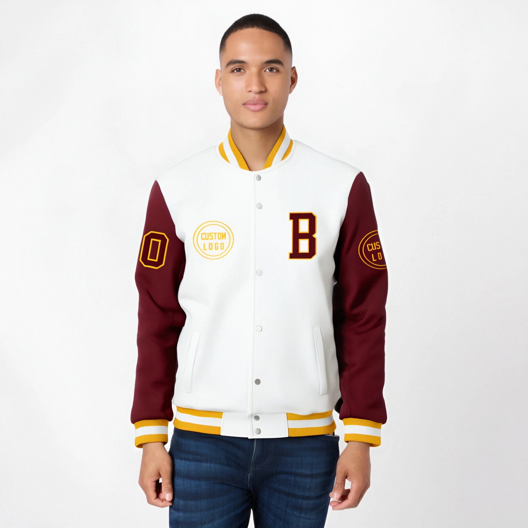 Custom White Crimson Bomber Full-Snap Varsity Letterman Two Tone Jacket