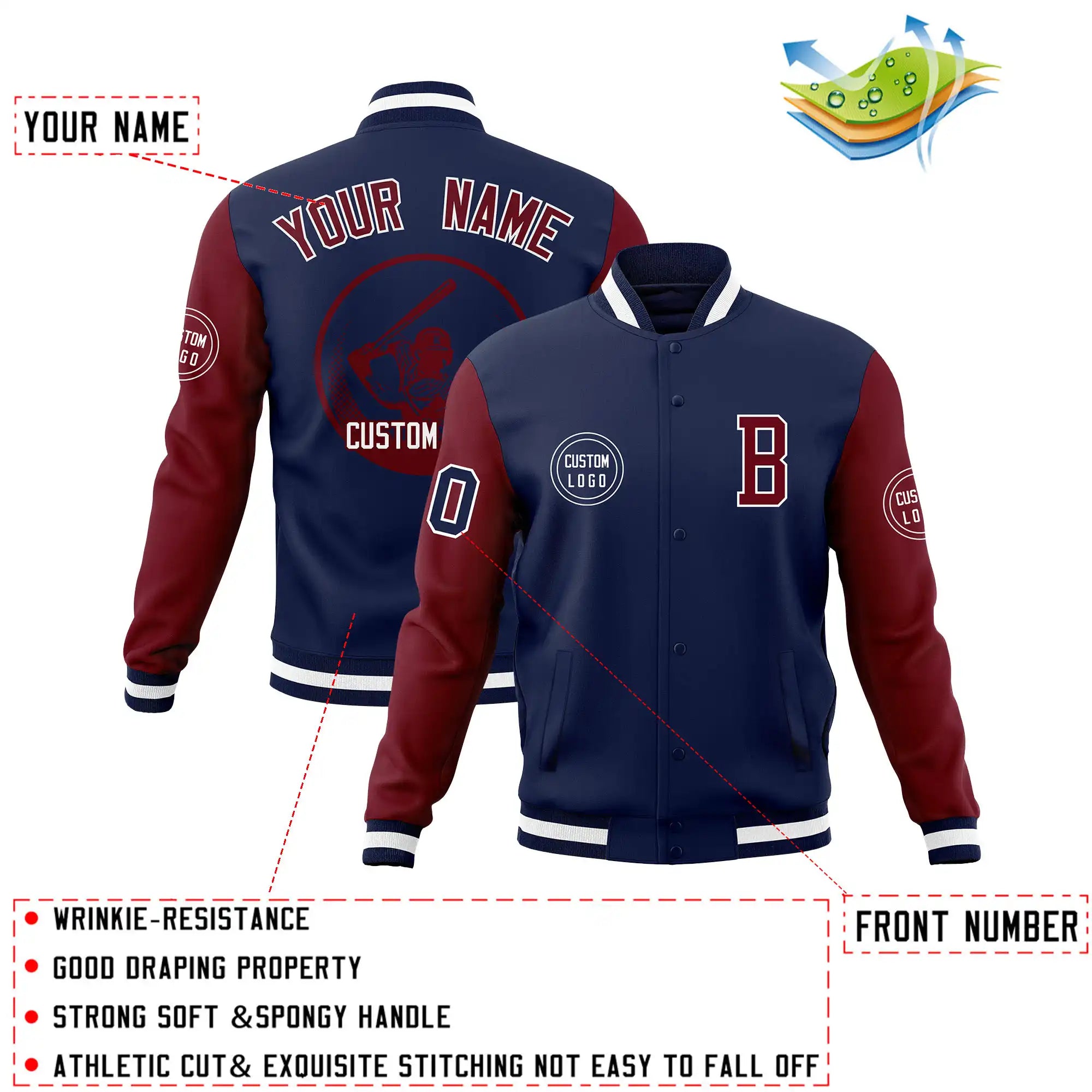 Custom Navy Crimson Bomber Full-Snap Varsity Letterman Two Tone Jacket