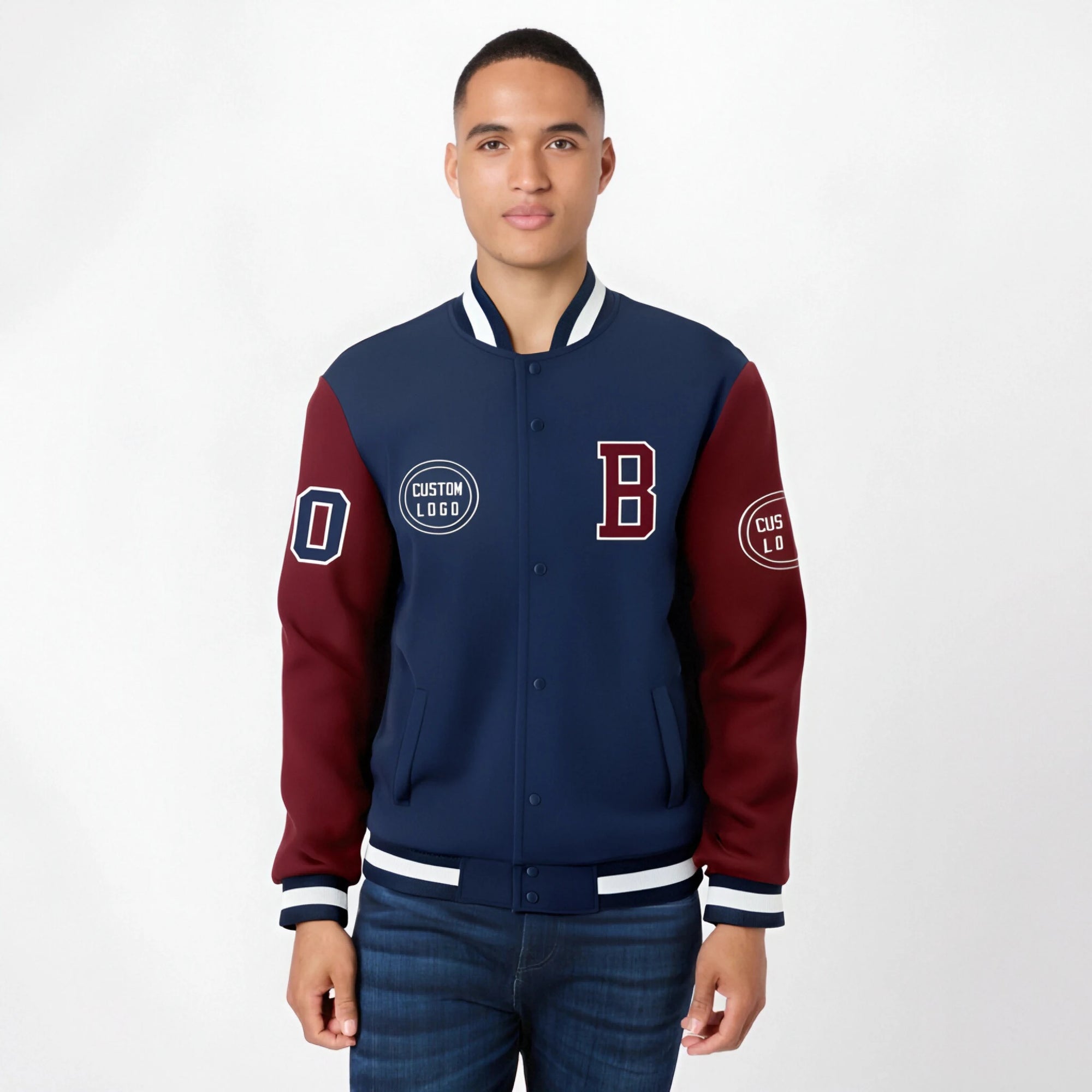 Custom Navy Crimson Bomber Full-Snap Varsity Letterman Two Tone Jacket