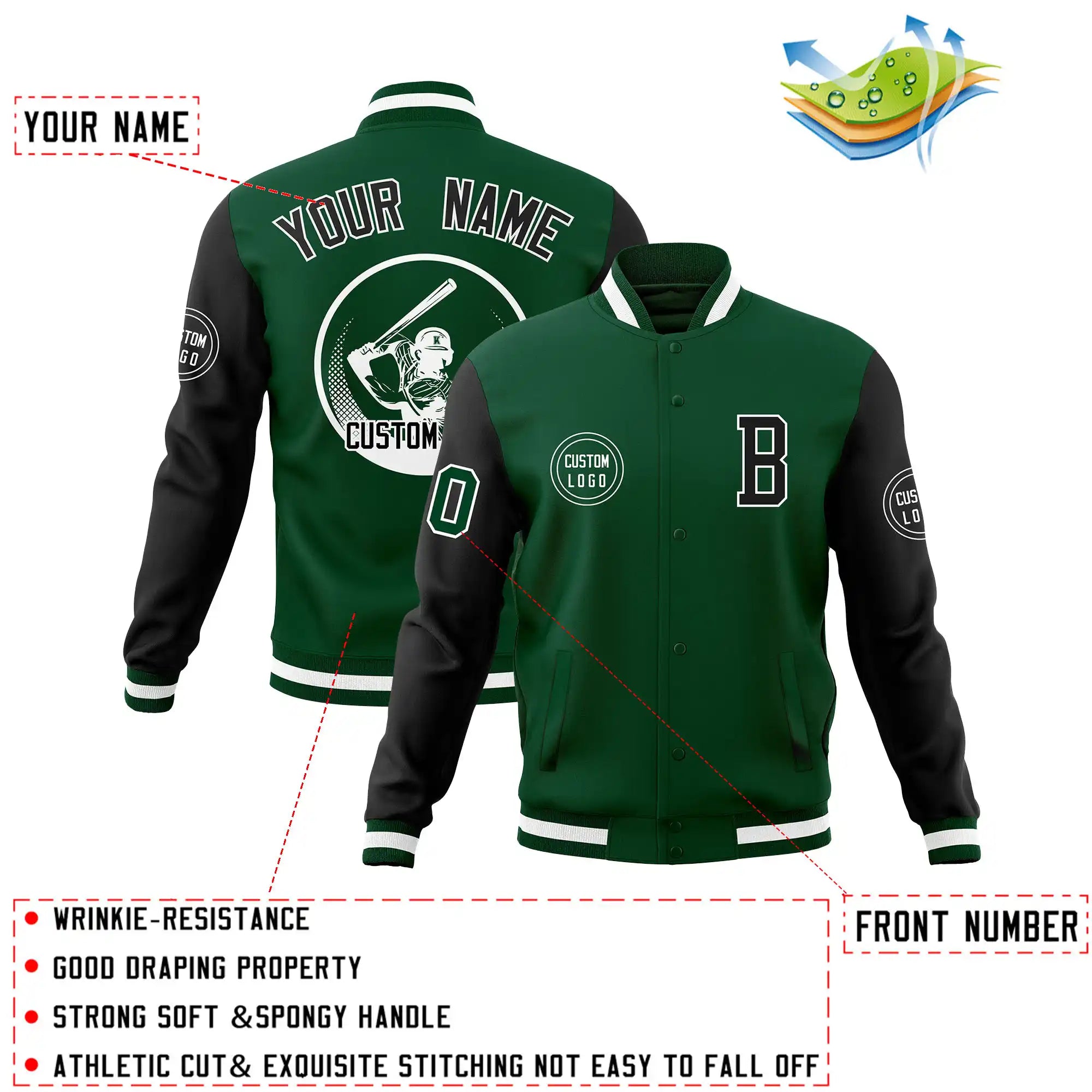 Custom Green Black Bomber Full-Snap Varsity Letterman Two Tone Jacket