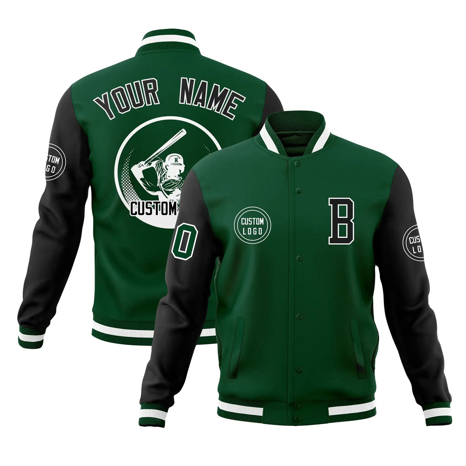 Custom Green Black Bomber Full-Snap Varsity Letterman Two Tone Jacket