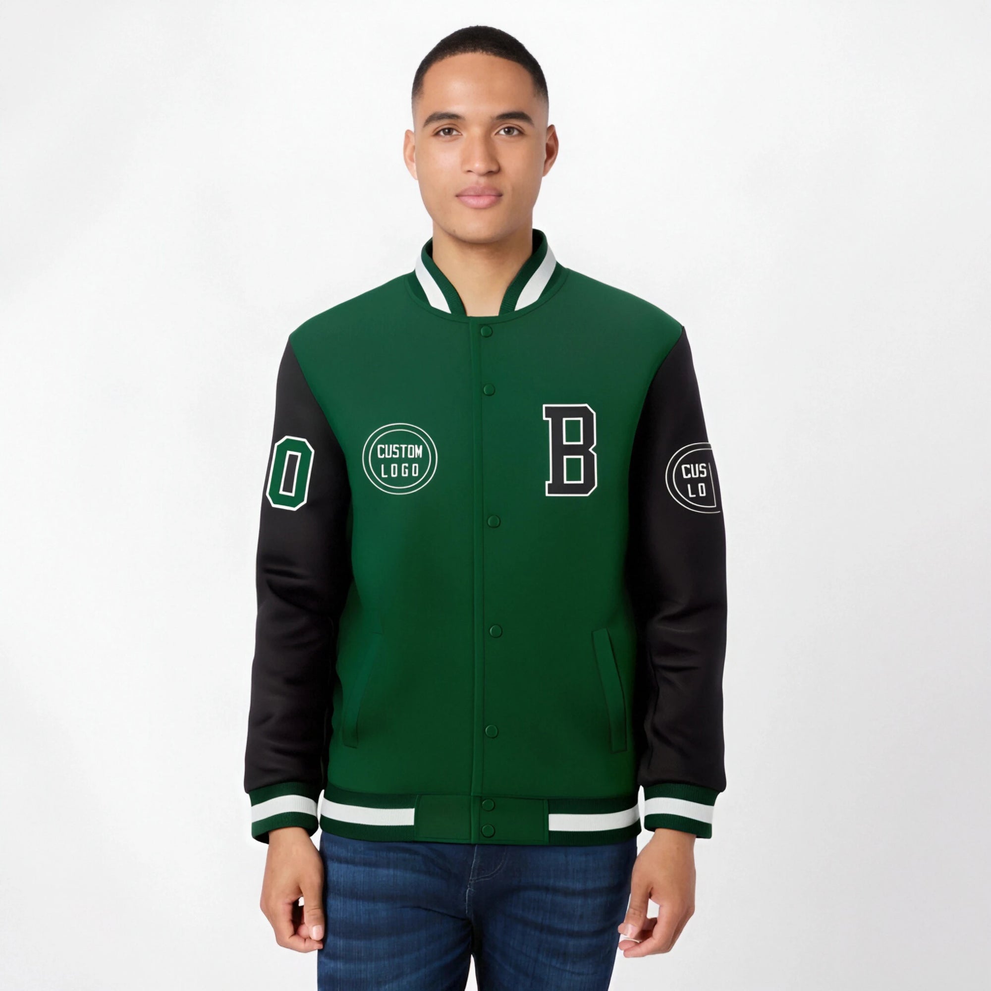 Custom Green Black Bomber Full-Snap Varsity Letterman Two Tone Jacket