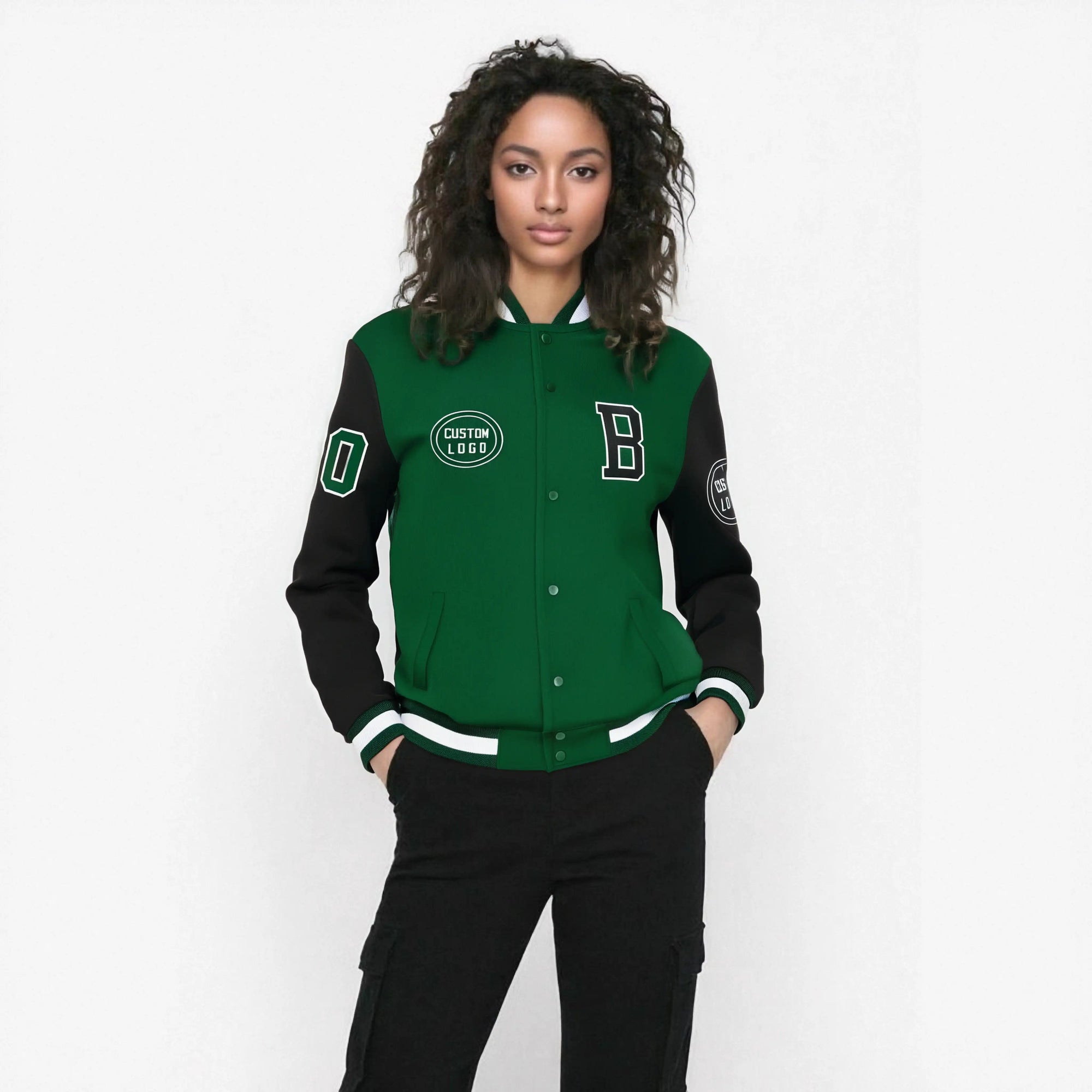 Custom Green Black Bomber Full-Snap Varsity Letterman Two Tone Jacket