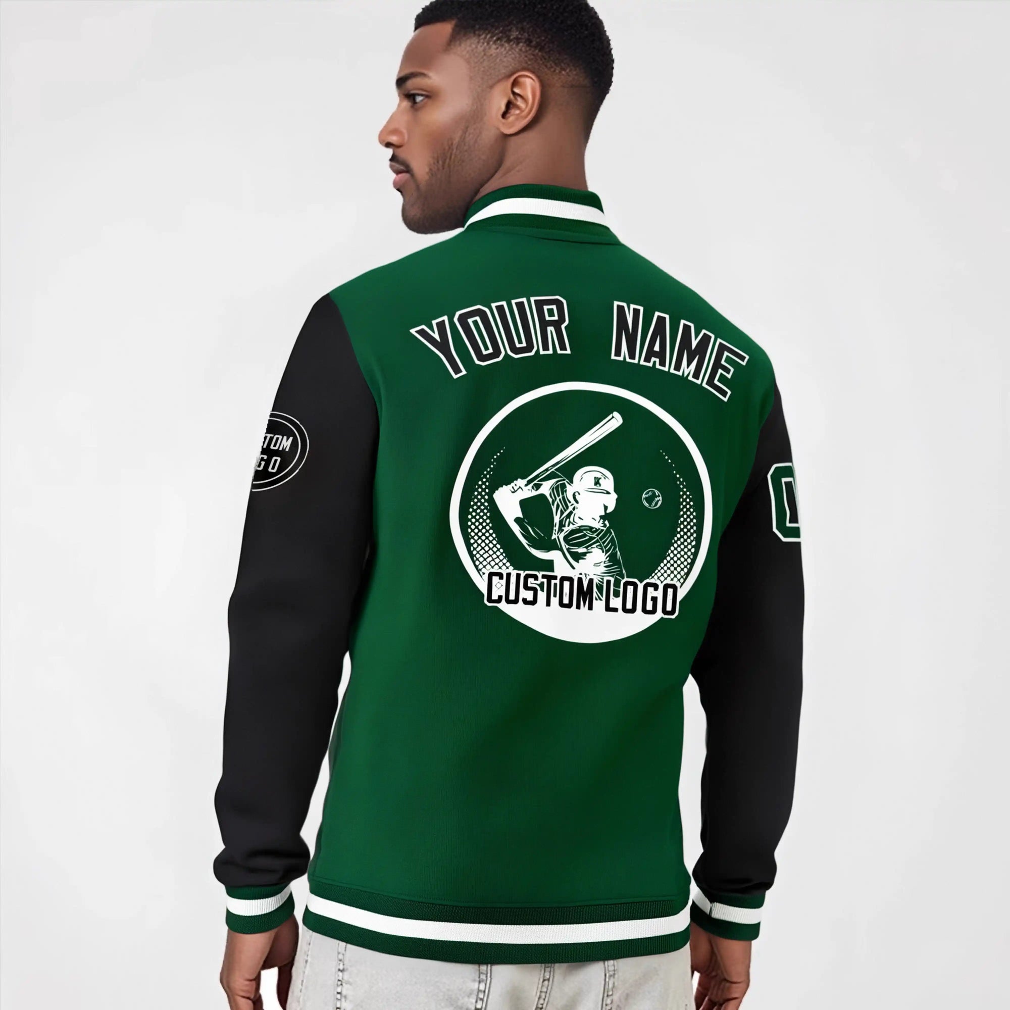 Custom Green Black Bomber Full-Snap Varsity Letterman Two Tone Jacket