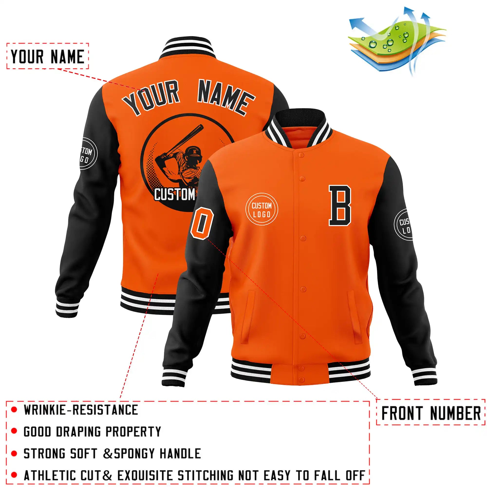 Custom Orange Black Bomber Full-Snap Varsity Letterman Two Tone Jacket