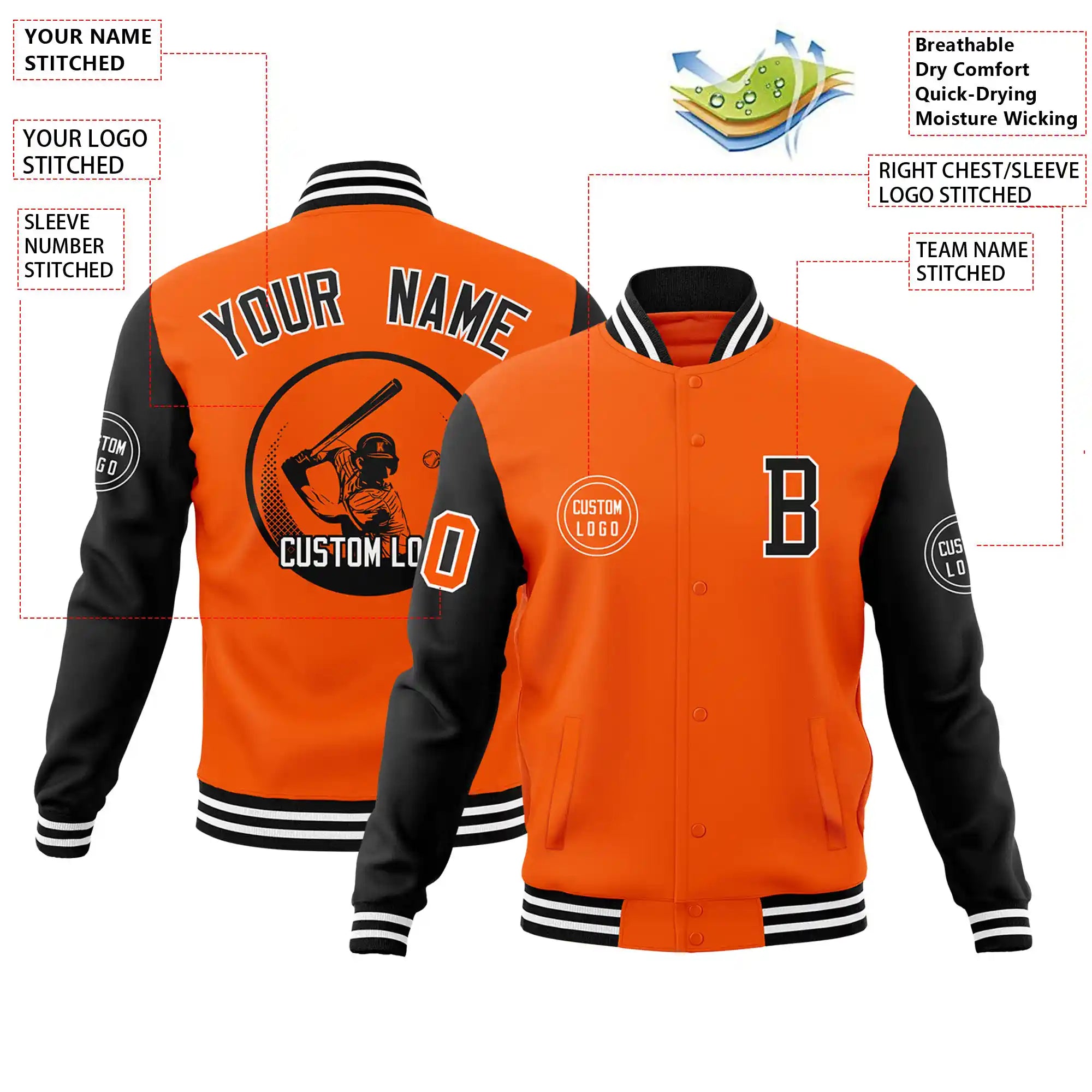 Custom Orange Black Bomber Full-Snap Varsity Letterman Two Tone Jacket