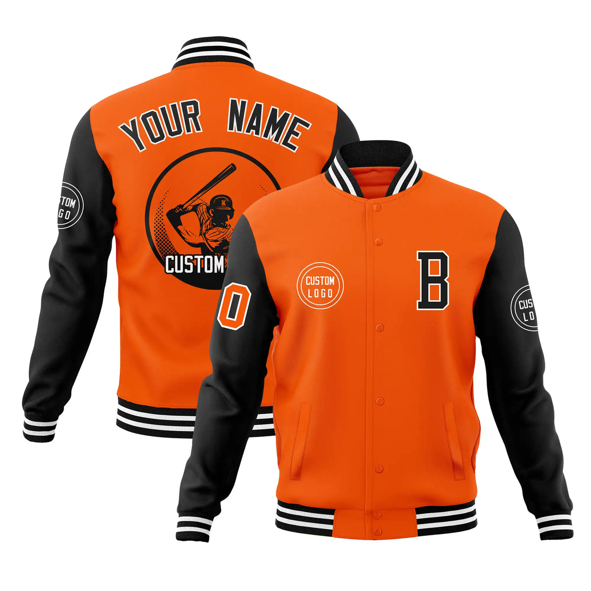 Custom Orange Black Bomber Full-Snap Varsity Letterman Two Tone Jacket