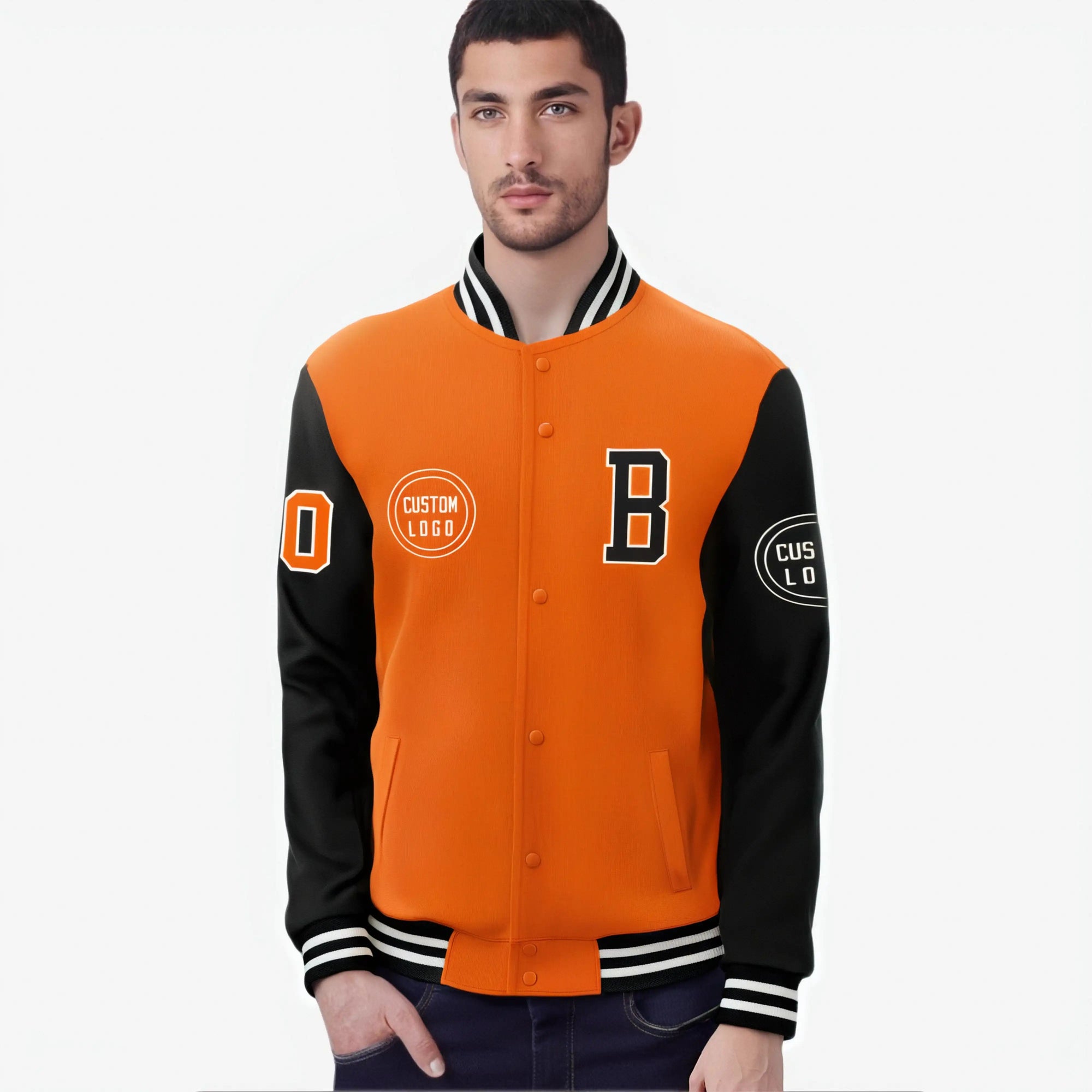 Custom Orange Black Bomber Full-Snap Varsity Letterman Two Tone Jacket