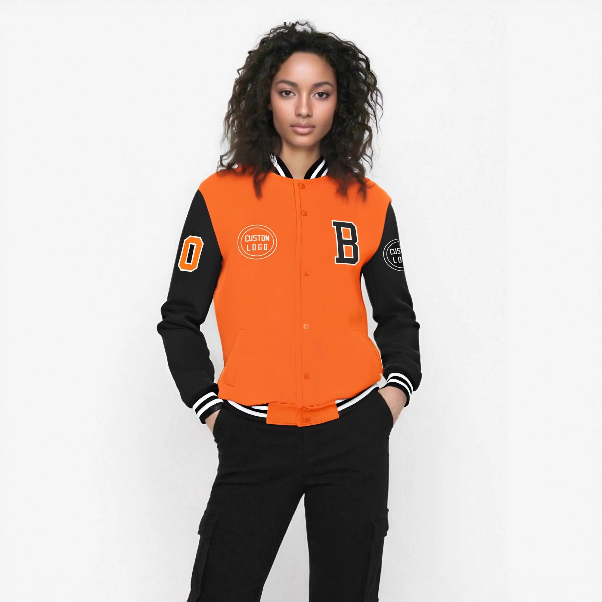 Custom Orange Black Bomber Full-Snap Varsity Letterman Two Tone Jacket