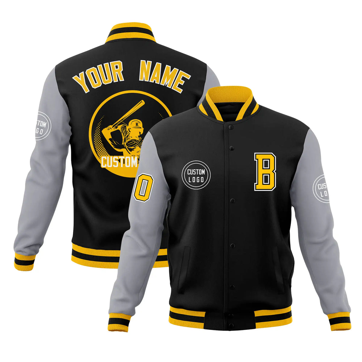 Custom Black Gray Bomber Full-Snap Varsity Letterman Two Tone Jacket