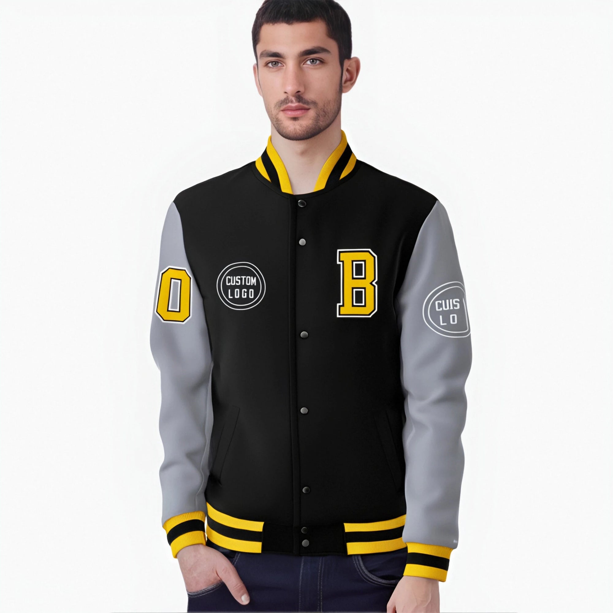 Custom Black Gray Bomber Full-Snap Varsity Letterman Two Tone Jacket