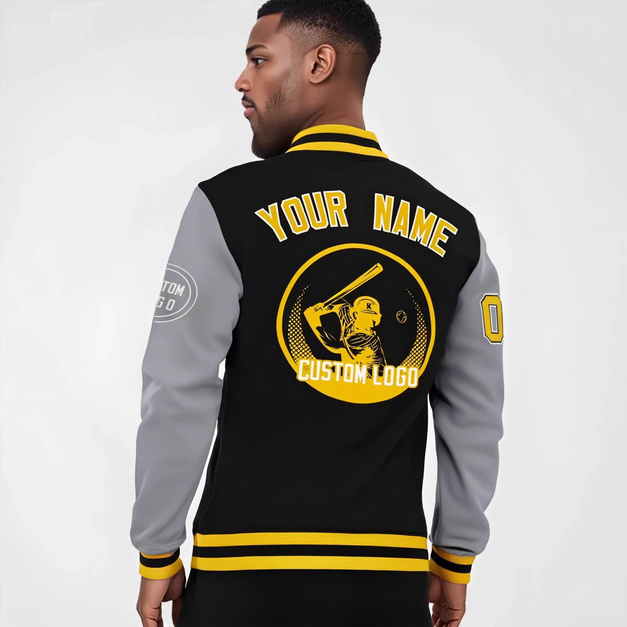 Custom Black Gray Bomber Full-Snap Varsity Letterman Two Tone Jacket