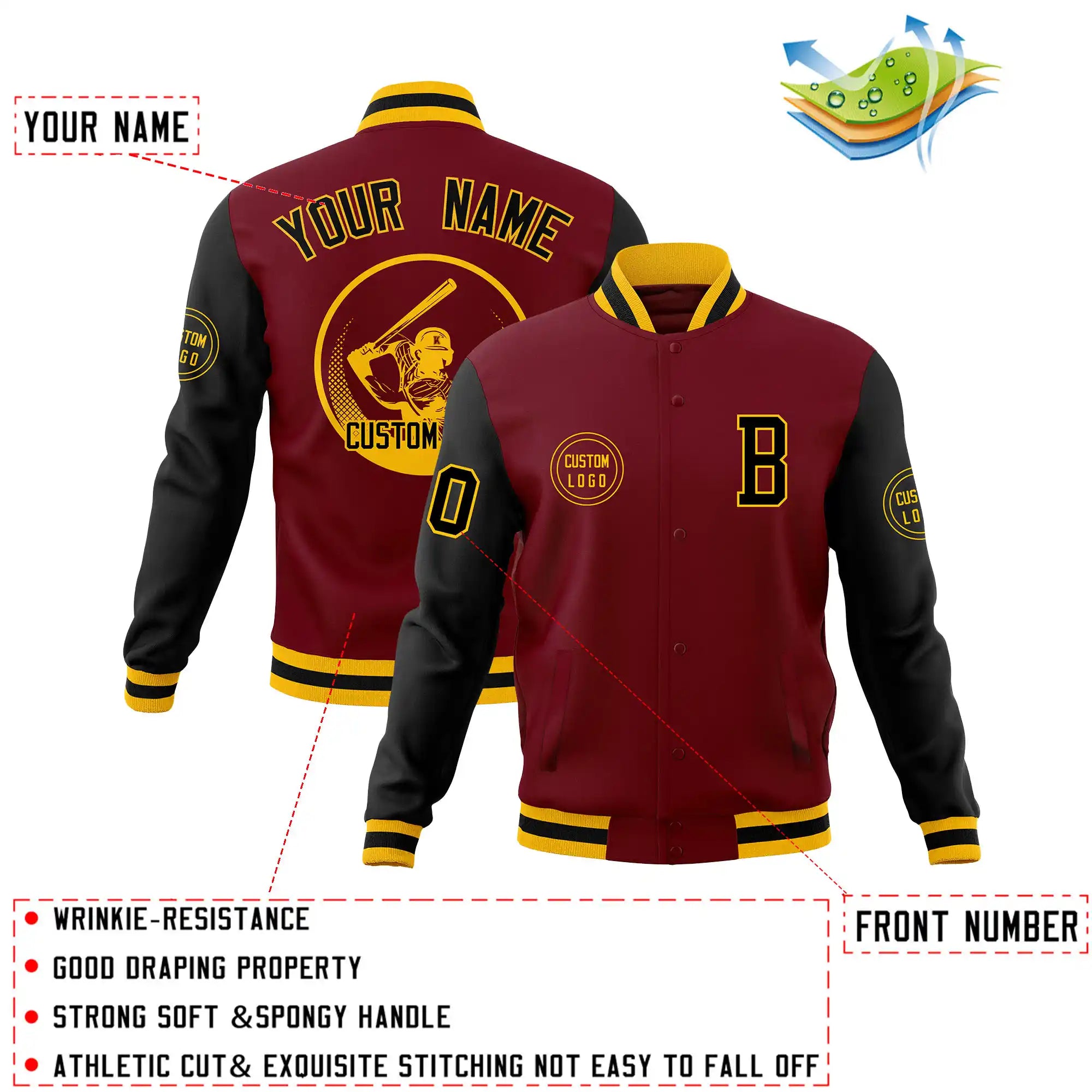 Custom Crimson Black Bomber Full-Snap Varsity Letterman Two Tone Jacket