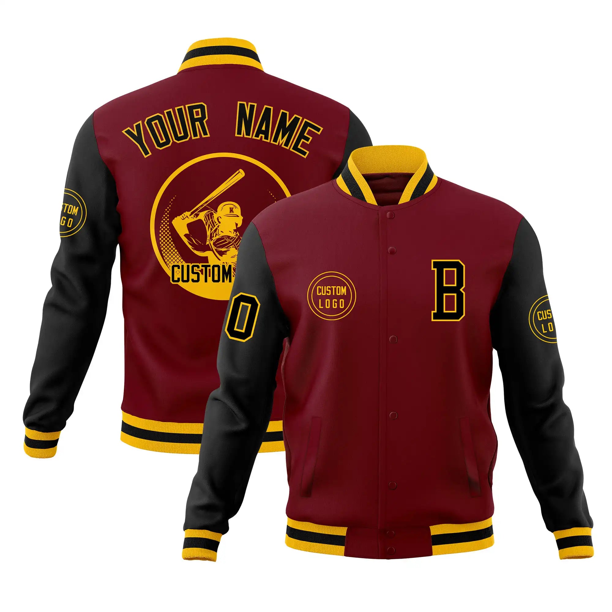 Custom Crimson Black Bomber Full-Snap Varsity Letterman Two Tone Jacket