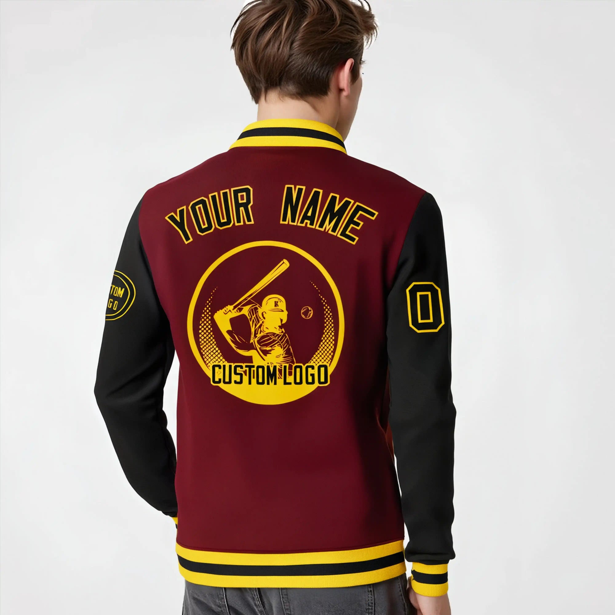 Custom Crimson Black Bomber Full-Snap Varsity Letterman Two Tone Jacket