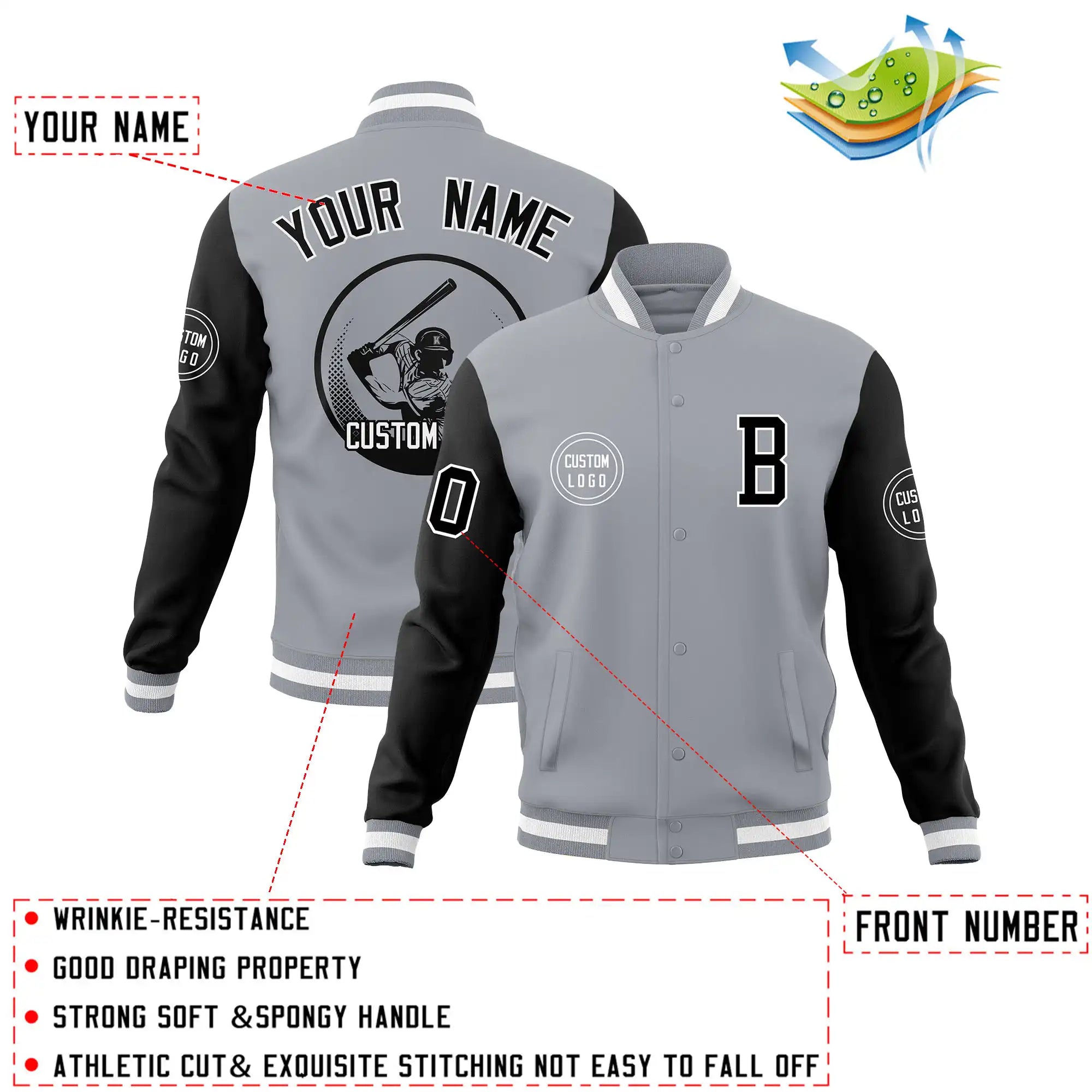 Custom Gray Black Bomber Full-Snap Varsity Letterman Two Tone Jacket