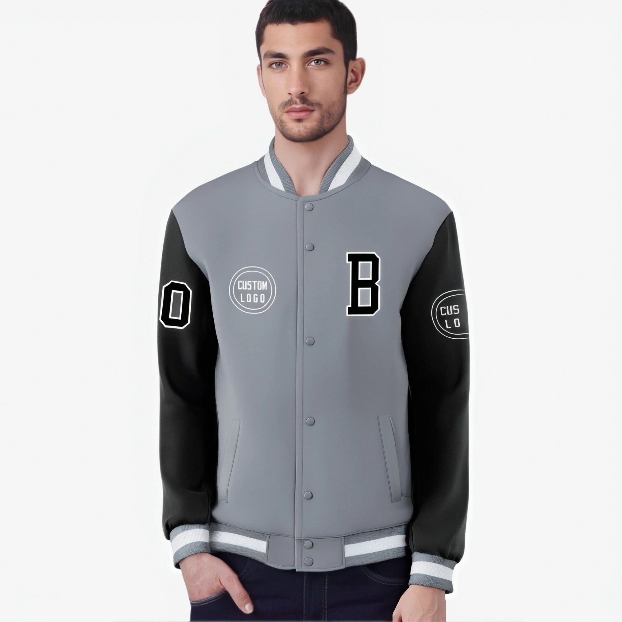 Custom Gray Black Bomber Full-Snap Varsity Letterman Two Tone Jacket