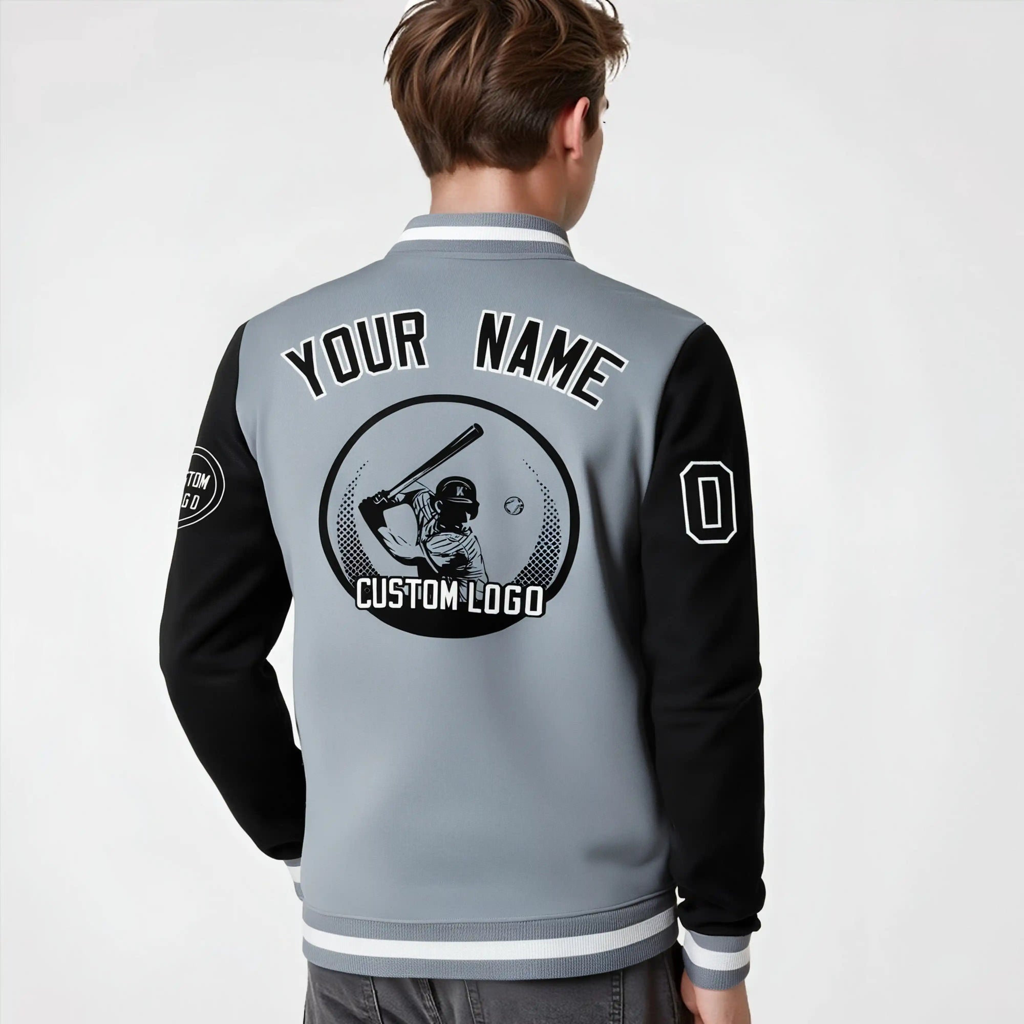 Custom Gray Black Bomber Full-Snap Varsity Letterman Two Tone Jacket