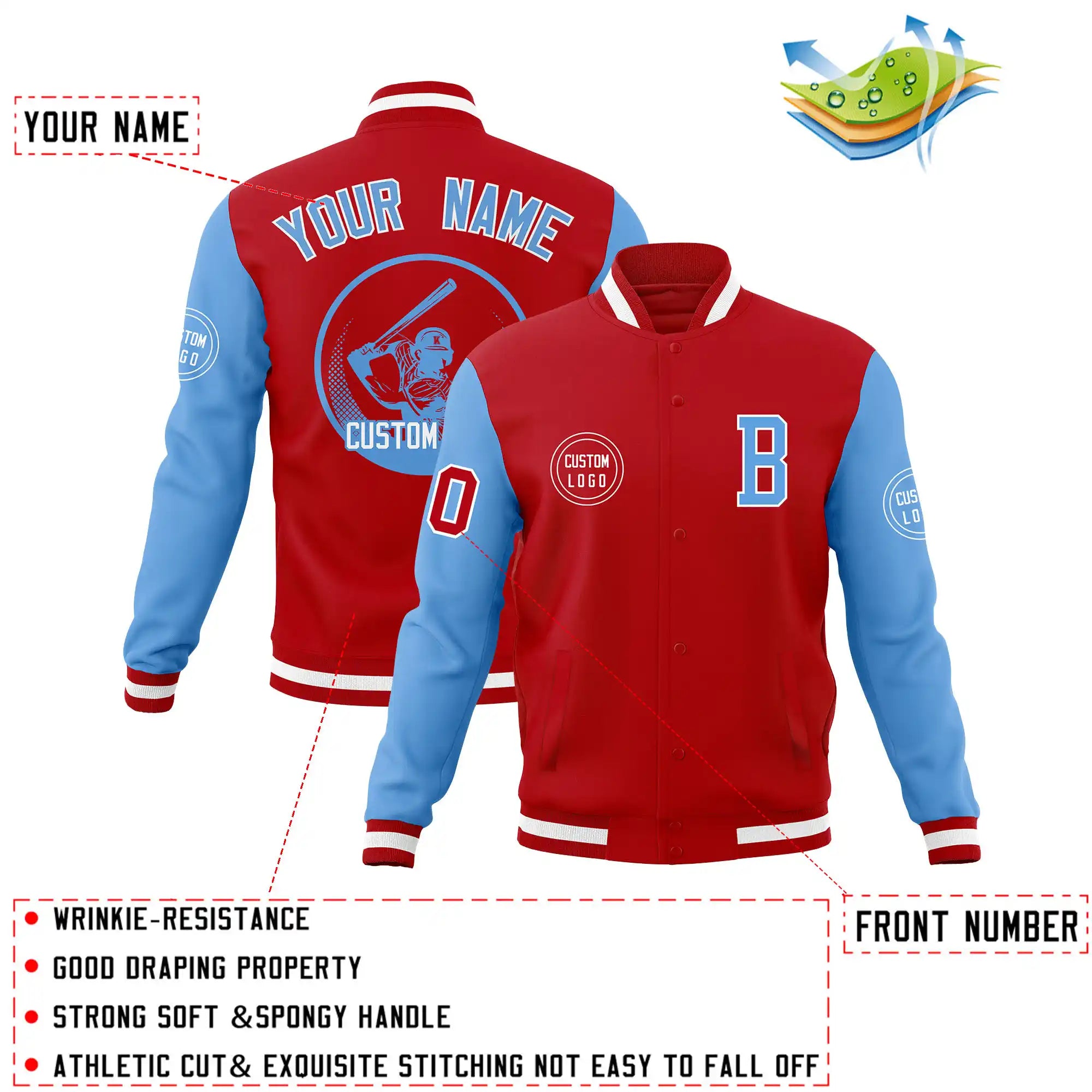 Custom Red Powder Blue Bomber Full-Snap Varsity Letterman Two Tone Jacket