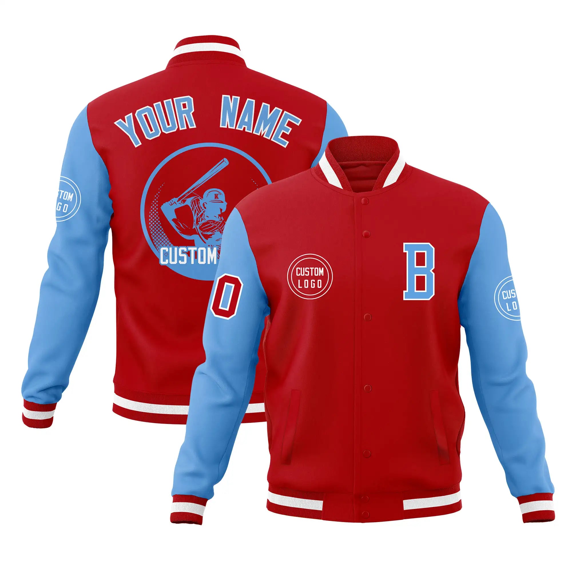 Custom Red Powder Blue Bomber Full-Snap Varsity Letterman Two Tone Jacket