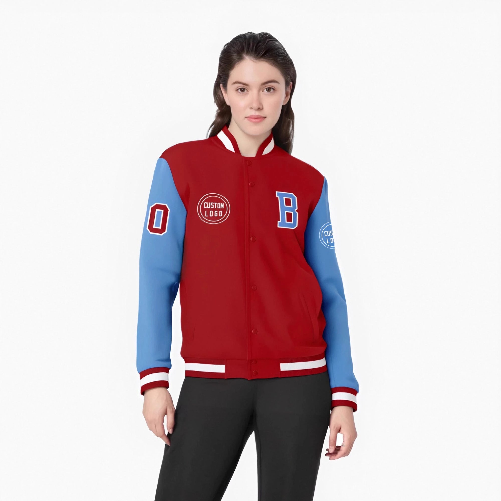 Custom Red Powder Blue Bomber Full-Snap Varsity Letterman Two Tone Jacket