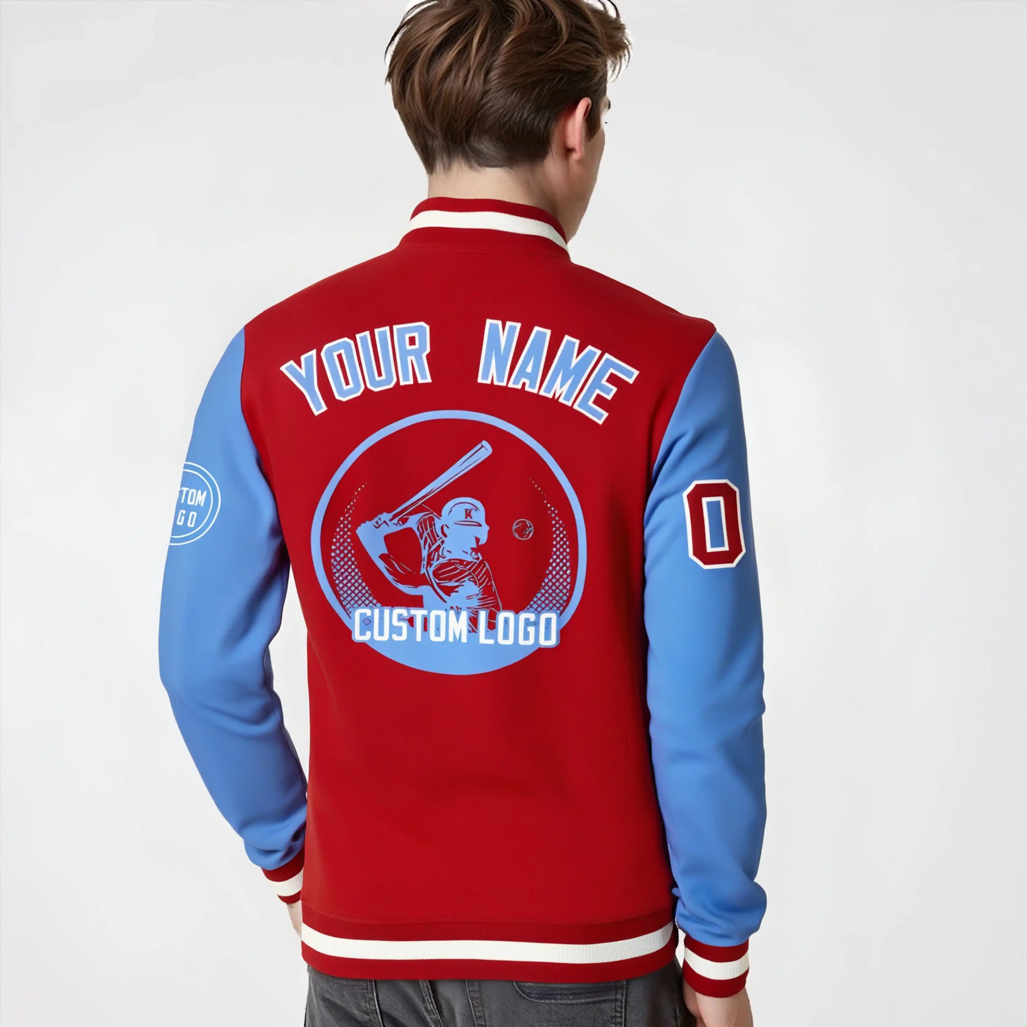 Custom Red Powder Blue Bomber Full-Snap Varsity Letterman Two Tone Jacket