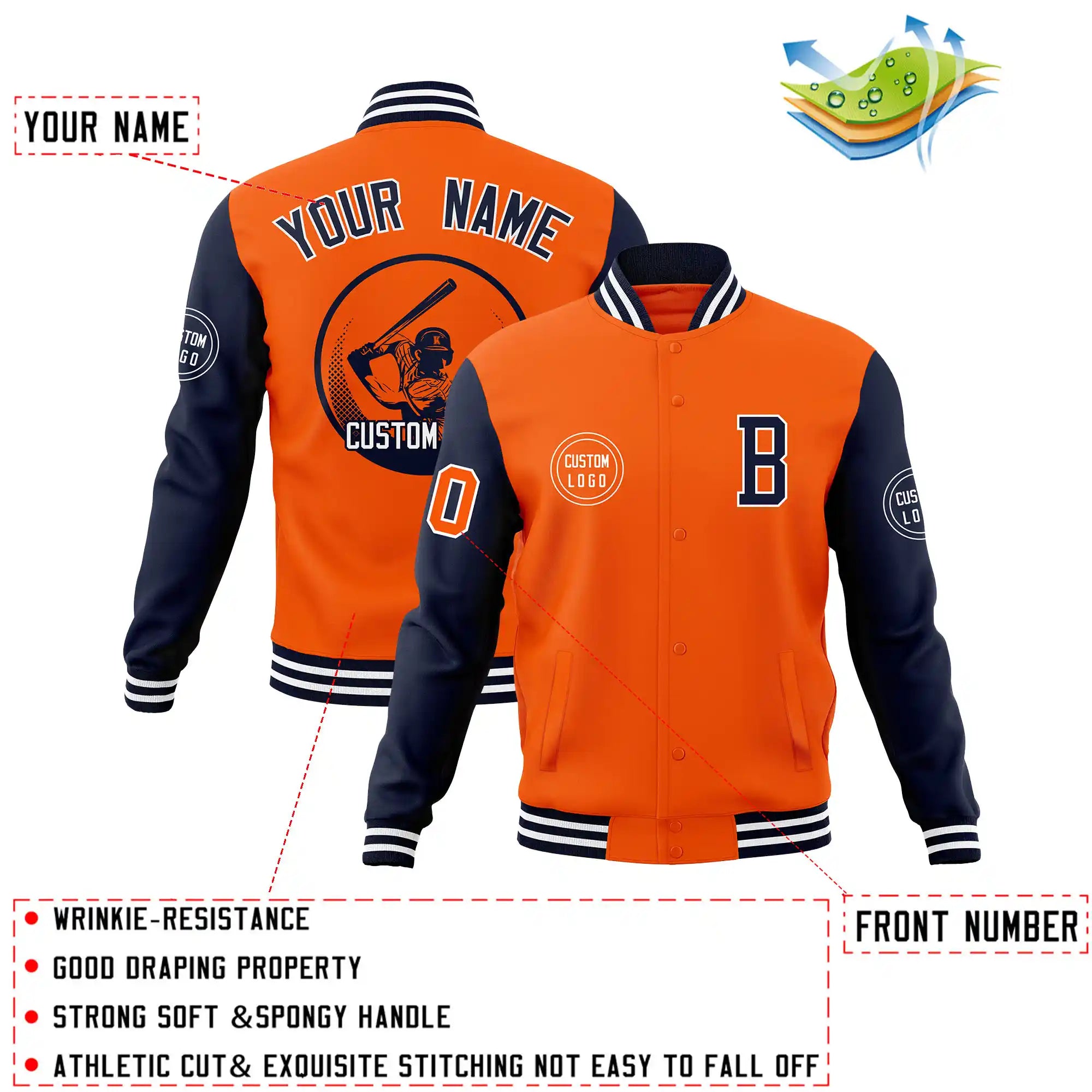 Custom Orange Navy Bomber Full-Snap Varsity Letterman Two Tone Jacket