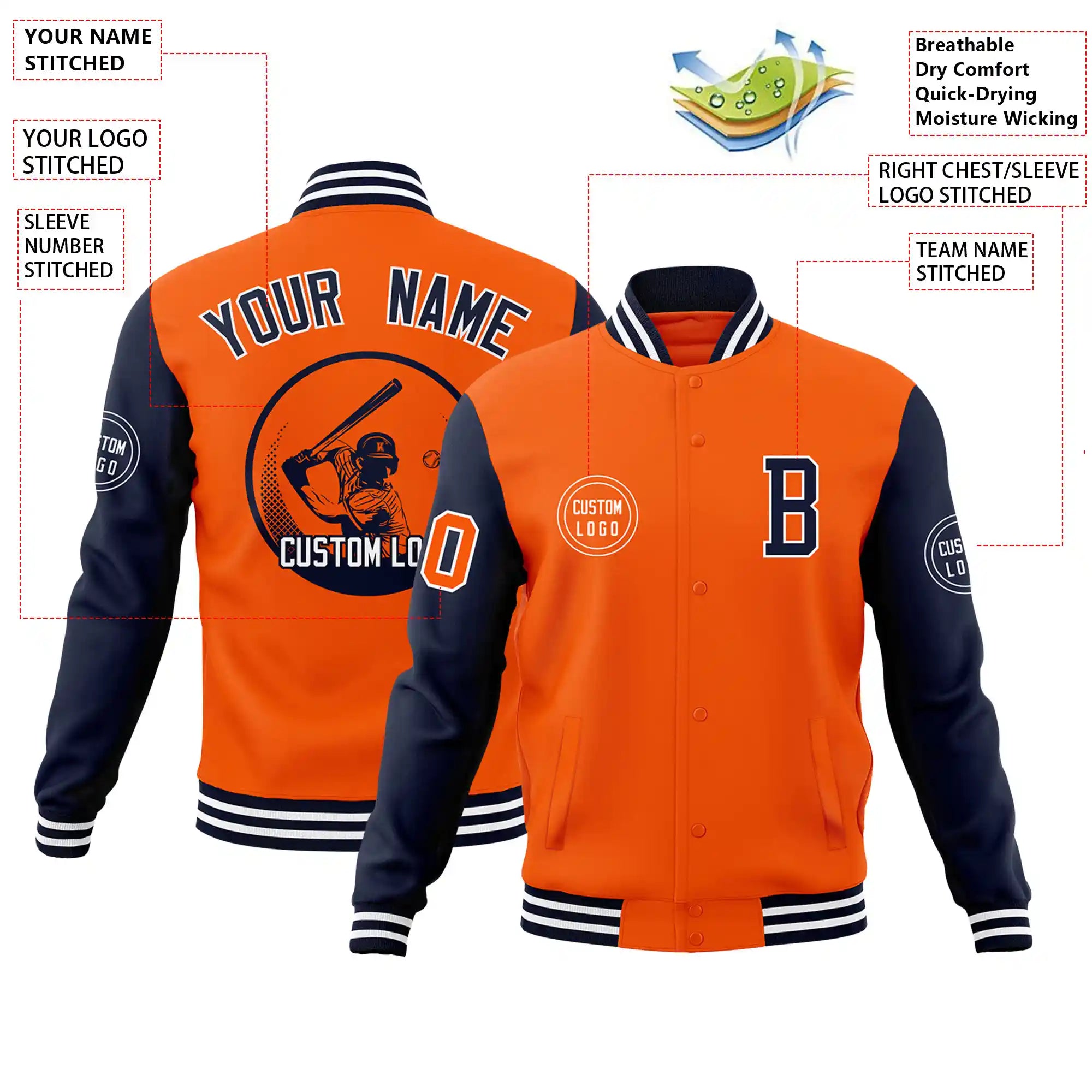 Custom Orange Navy Bomber Full-Snap Varsity Letterman Two Tone Jacket