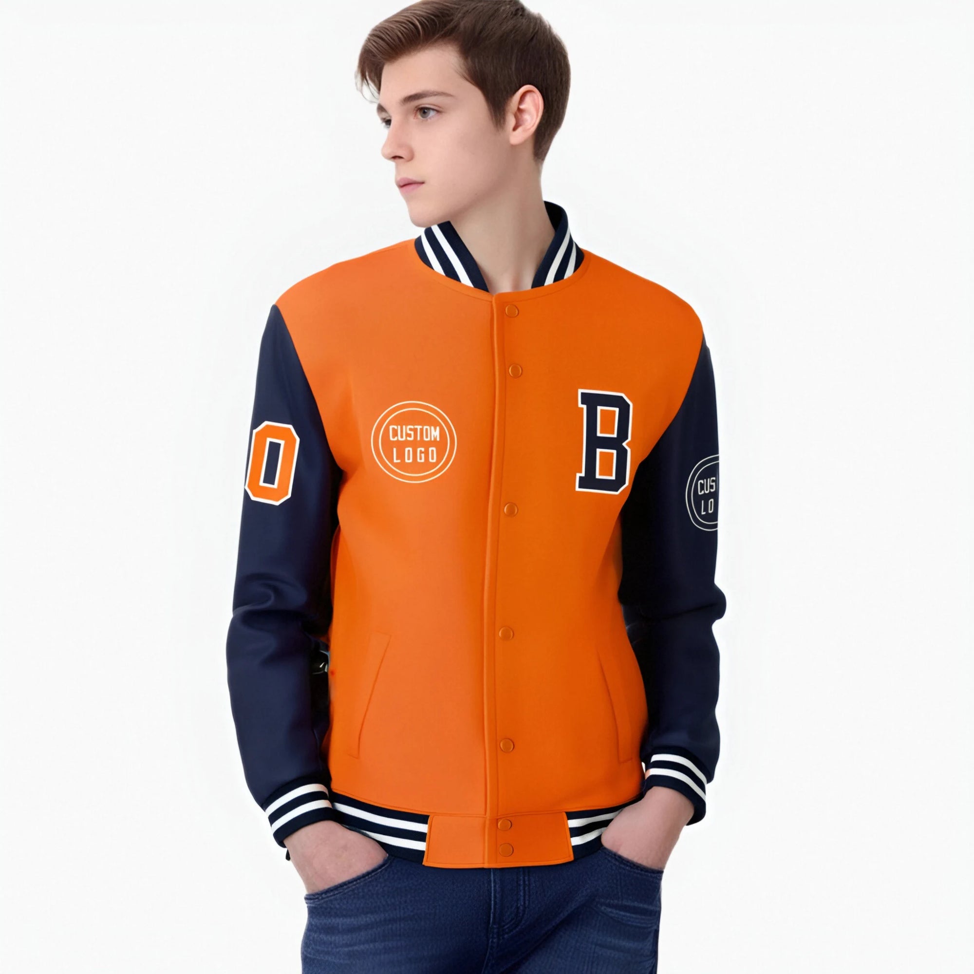 Custom Orange Navy Bomber Full-Snap Varsity Letterman Two Tone Jacket