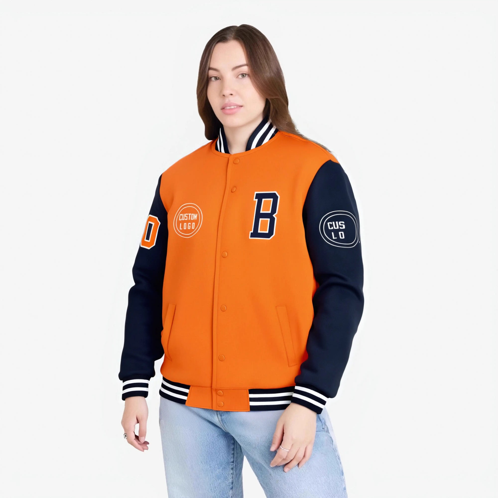 Custom Orange Navy Bomber Full-Snap Varsity Letterman Two Tone Jacket