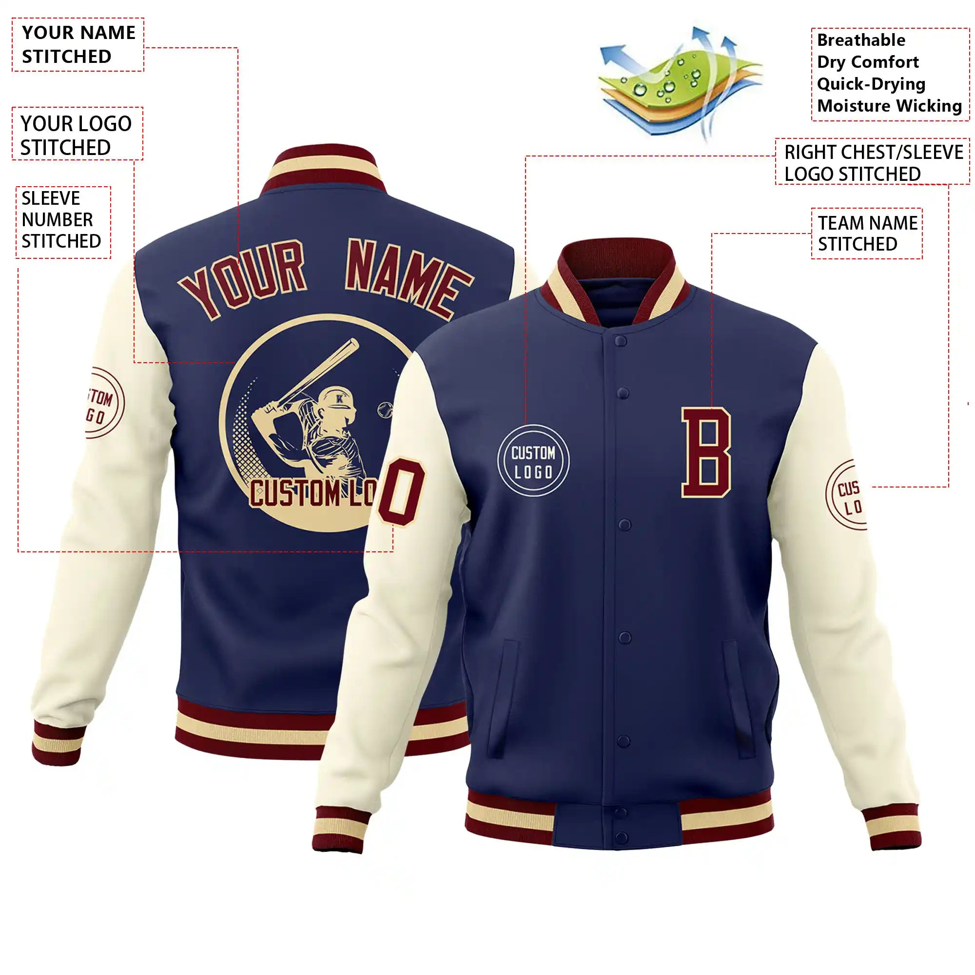 Custom Navy Cream Bomber Full-Snap Varsity Letterman Two Tone Jacket