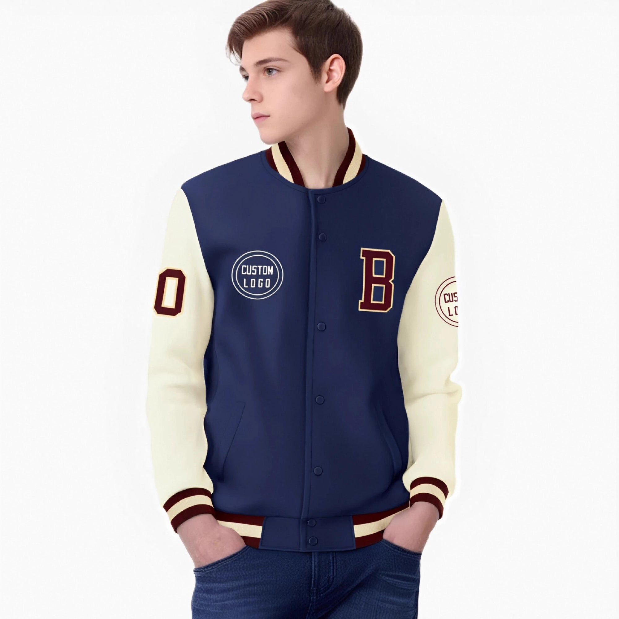 Custom Navy Cream Bomber Full-Snap Varsity Letterman Two Tone Jacket