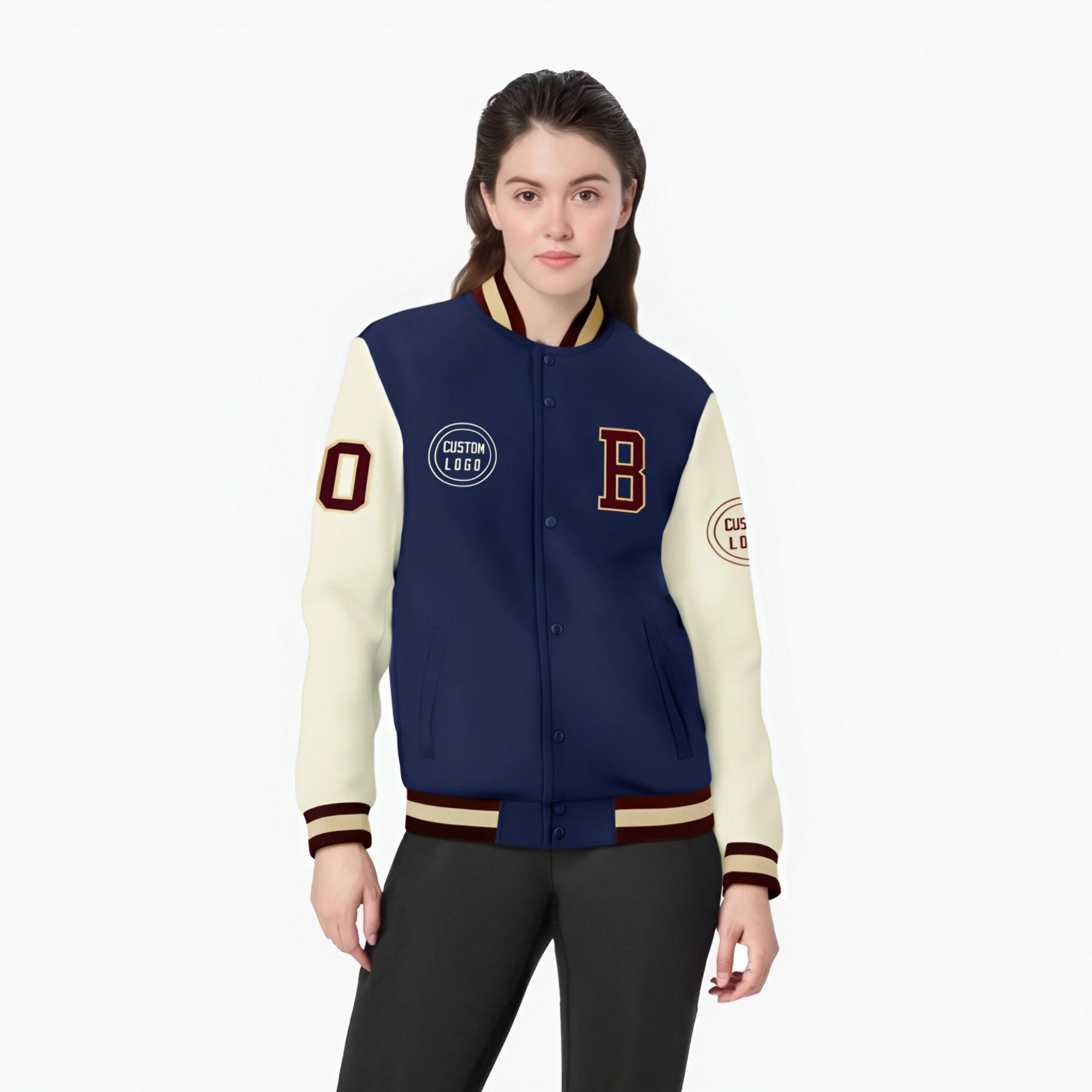 Custom Navy Cream Bomber Full-Snap Varsity Letterman Two Tone Jacket