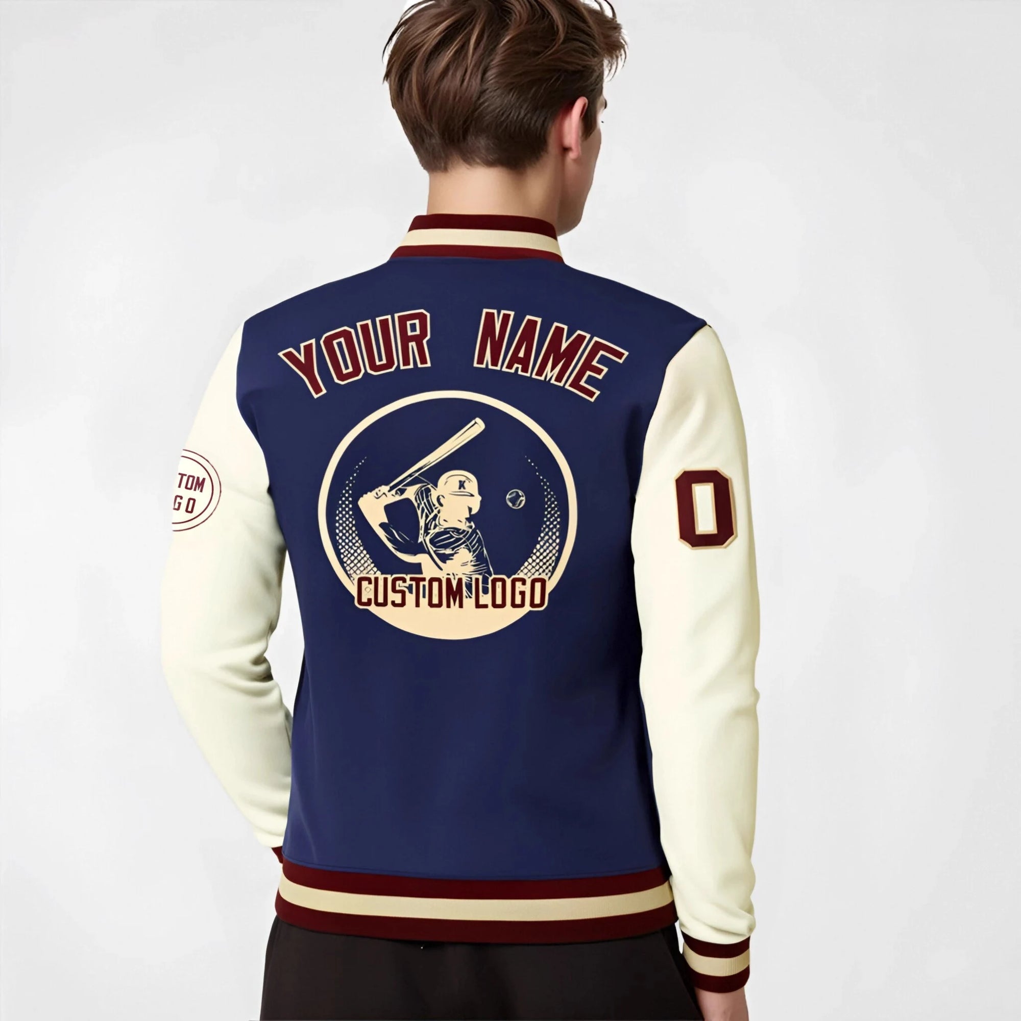 Custom Navy Cream Bomber Full-Snap Varsity Letterman Two Tone Jacket